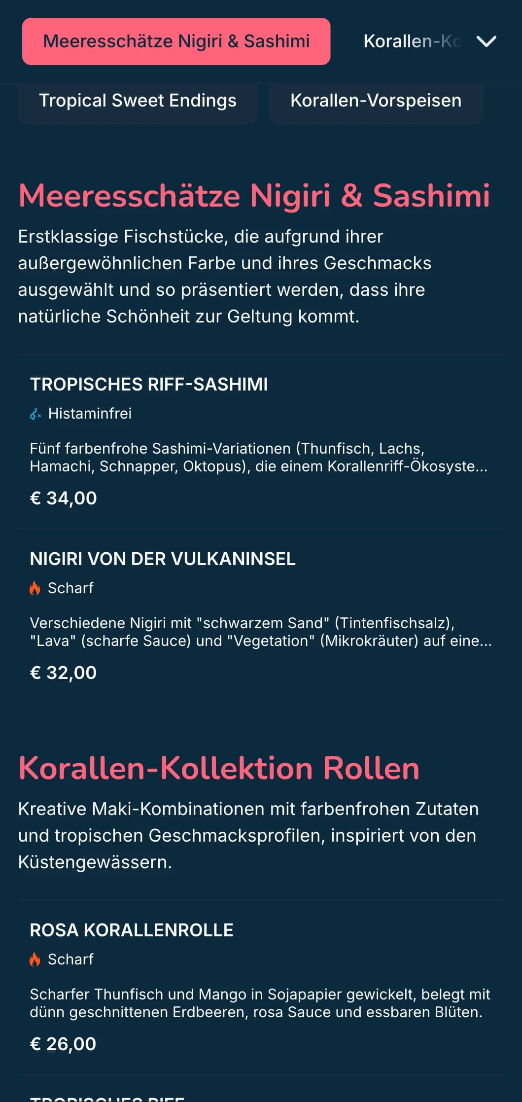 Lebhaftes, vom Meer inspiriertes Sushi-Menü mit korallenroten Akzenten vor tiefblauem Hintergrund, perfekt für Meeresfrüchte-Spezialisten.