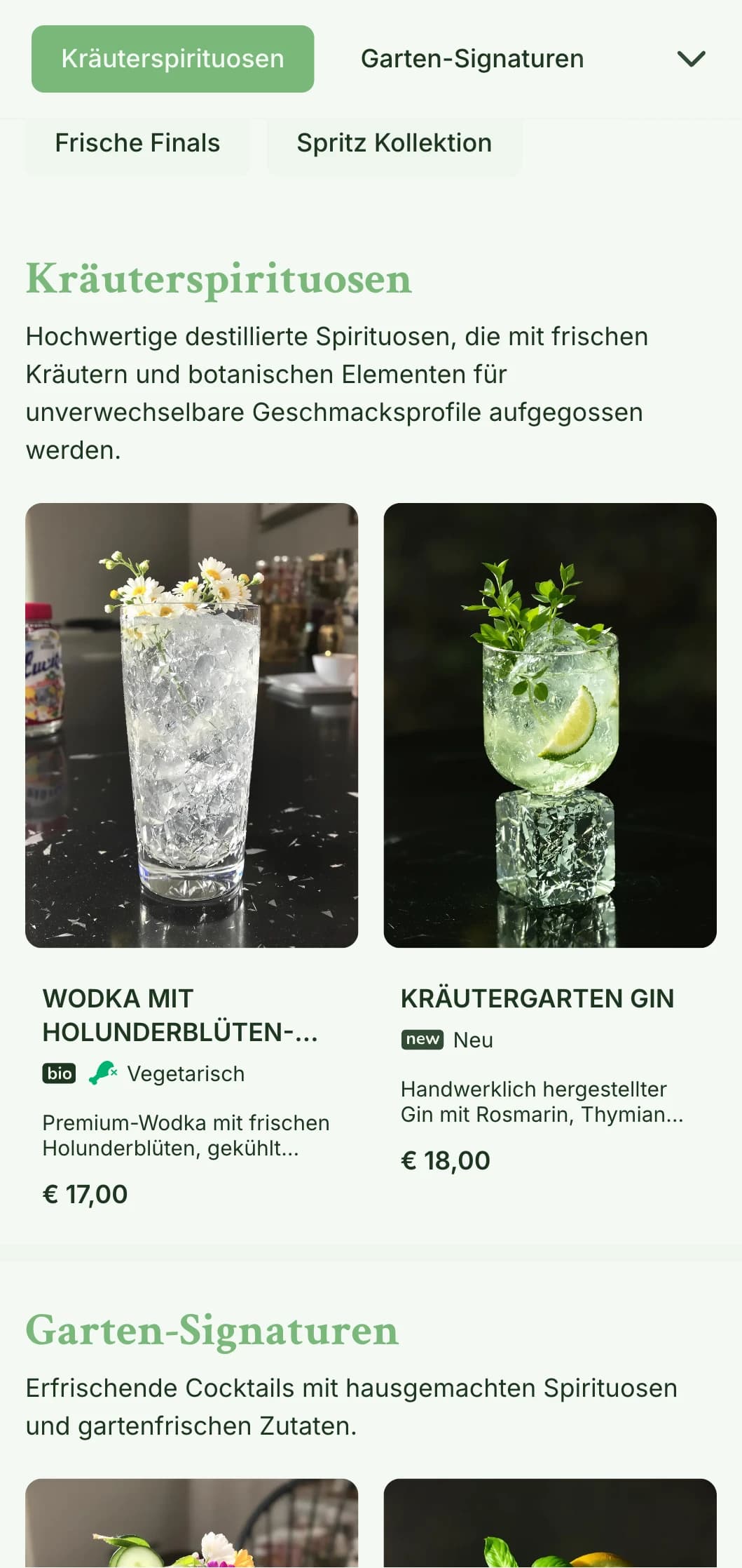 Ein frisches, garteninspiriertes Design für Bars, die auf Schorlen und frische botanische Cocktails spezialisiert sind, mit leichter, luftiger Typografie.