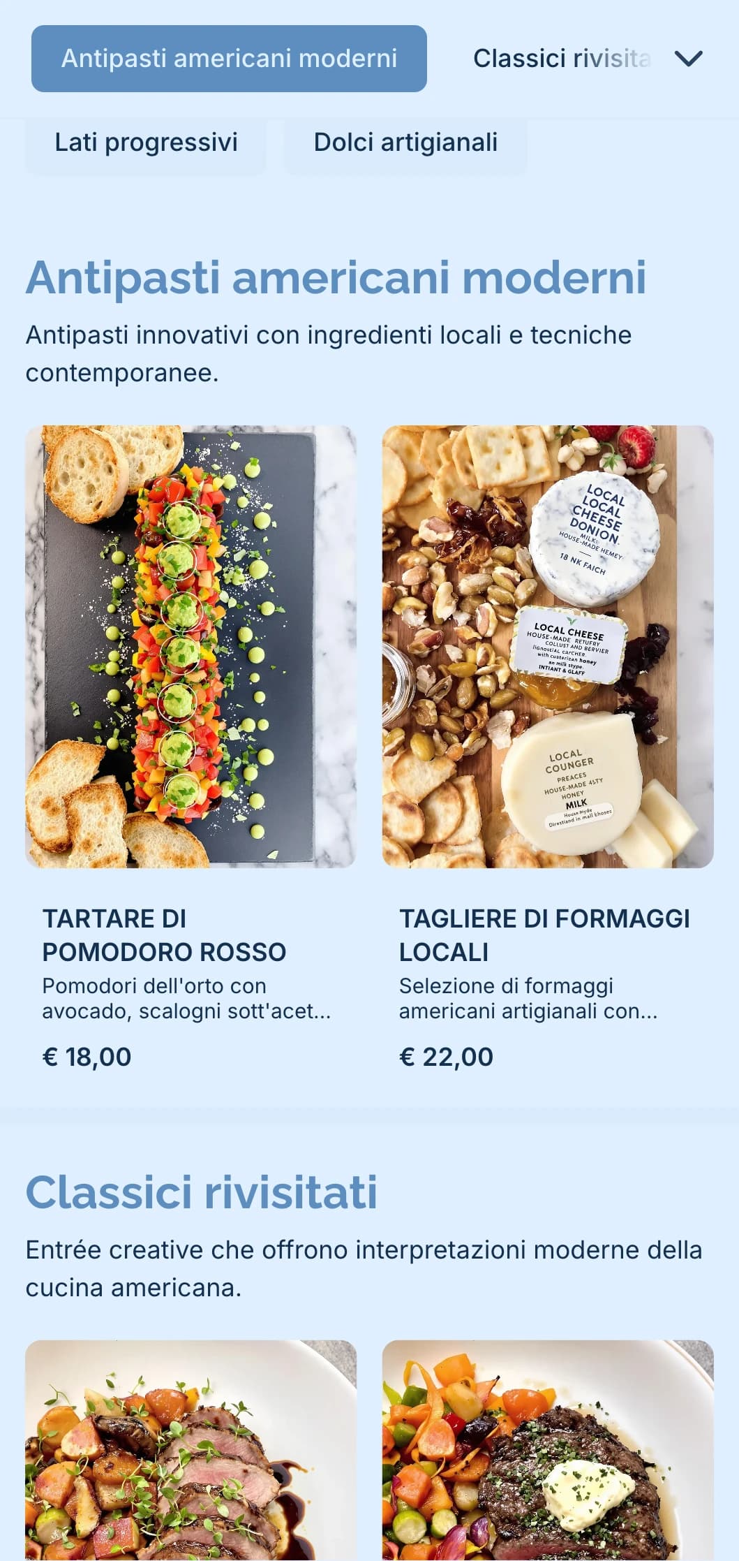 Catering di ispirazione americana moderna con ingredienti locali, tecniche innovative e presentazione contemporanea per eventi sofisticati.