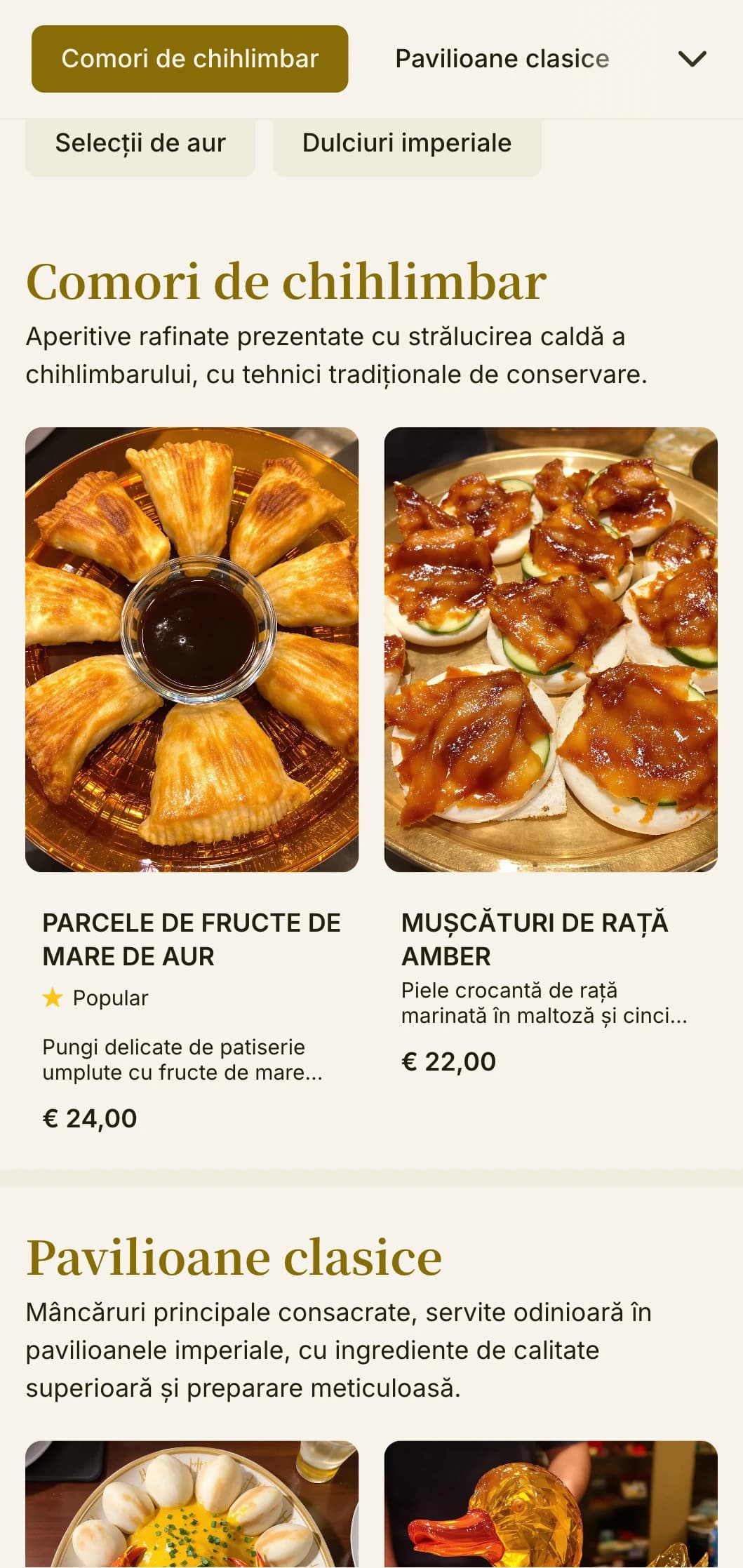 Meniu chinezesc elegant, cu accente de chihlimbar și elemente inspirate din pavilion, pentru mese de lux și bucătărie imperială.