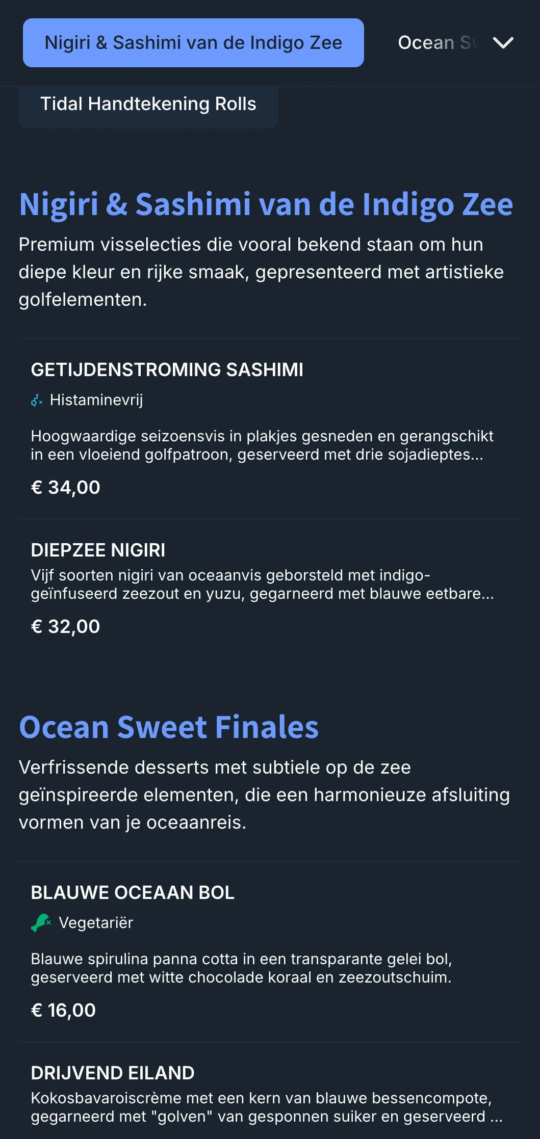 Op de oceaan geïnspireerd sushi-menu met diepe indigo golven en eigentijds design voor restaurants die gericht zijn op zeevruchten.