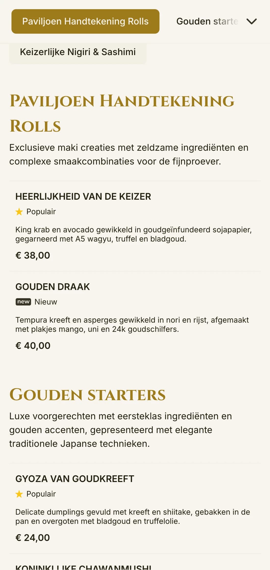 Luxe sushikaart met gouden accenten, geïnspireerd op de beroemde tempel van Kyoto, met elegante typografie en traditionele elementen.