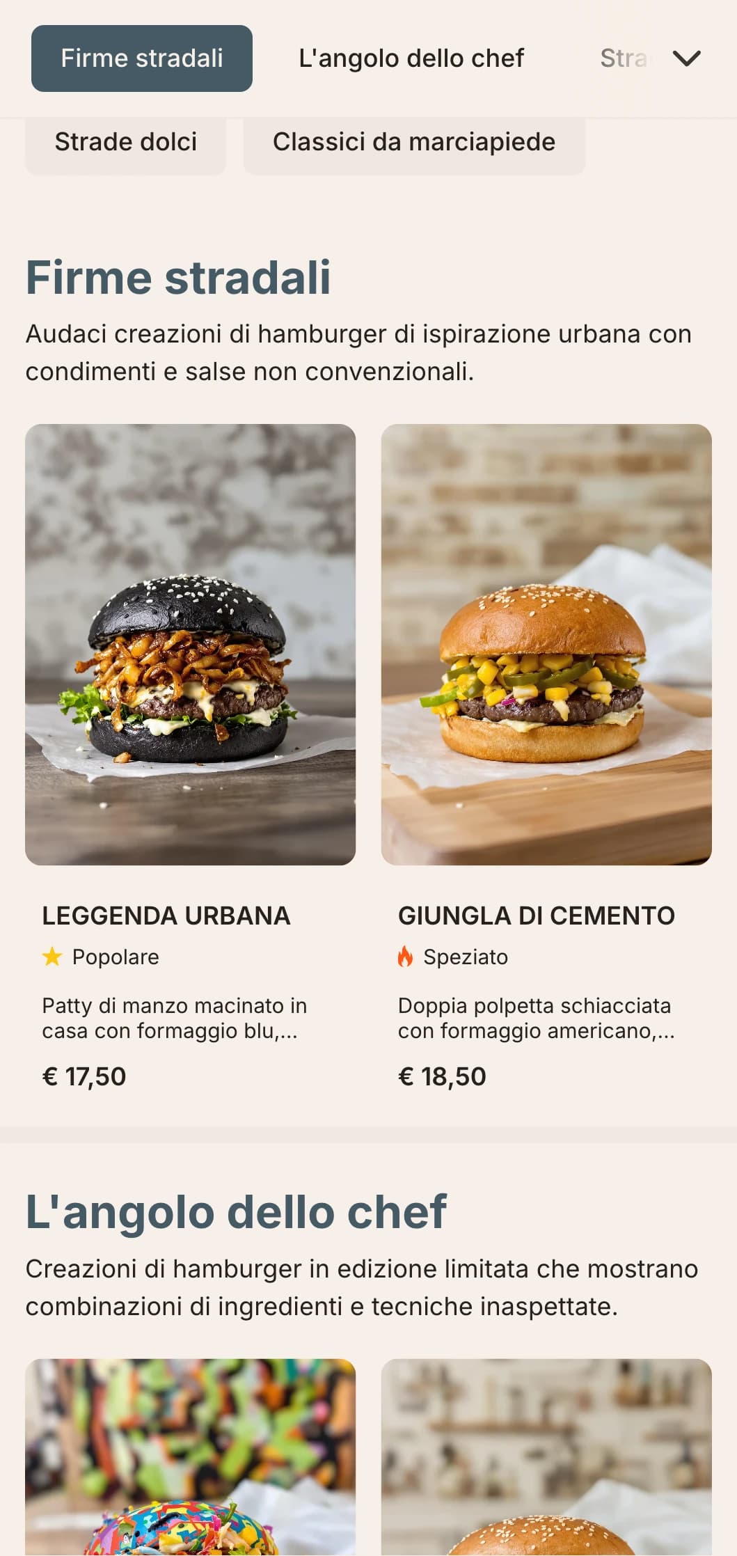 Design ispirato allo street food urbano con contrasti netti ed elementi di street art per un'esperienza di hamburger casual e contemporanea.