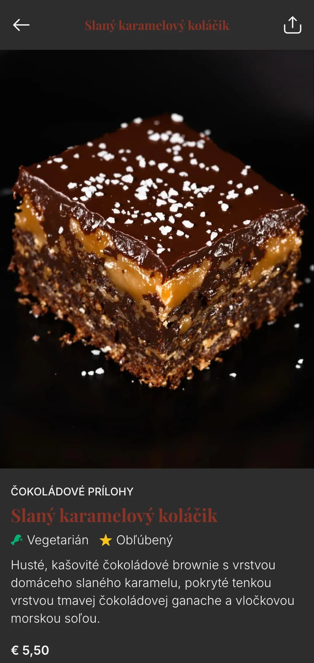 Bohatý, pôžitkársky dizajn jedálneho lístka s hlbokými čokoládovými tónmi a luxusnou typografiou, ideálny pre pekárne a predajne zákuskov zamerané na čokoládu.