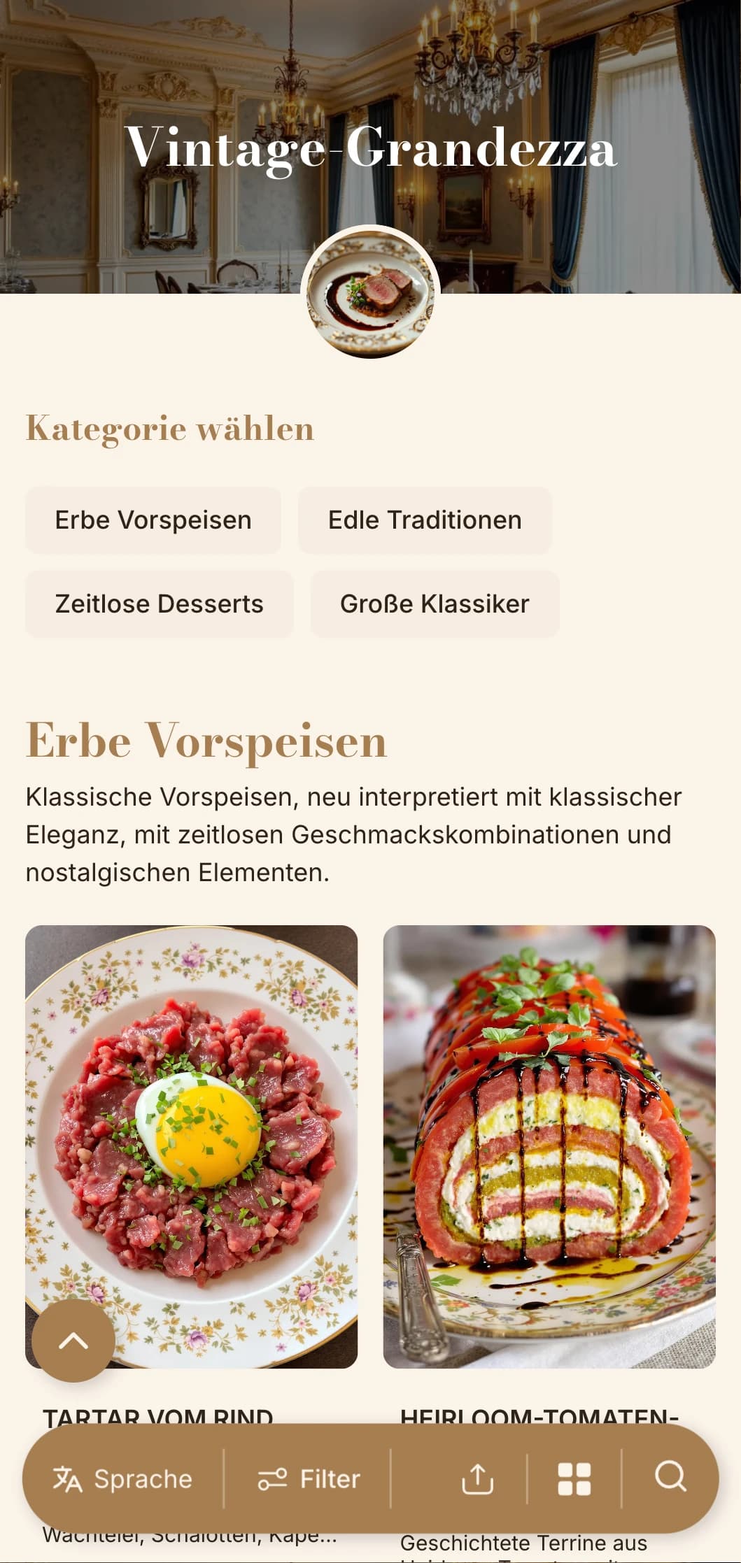 Nostalgische Raffinesse mit Vintage-inspirierter Typografie und Farbpalette, perfekt für Einrichtungen mit historischem Charakter.