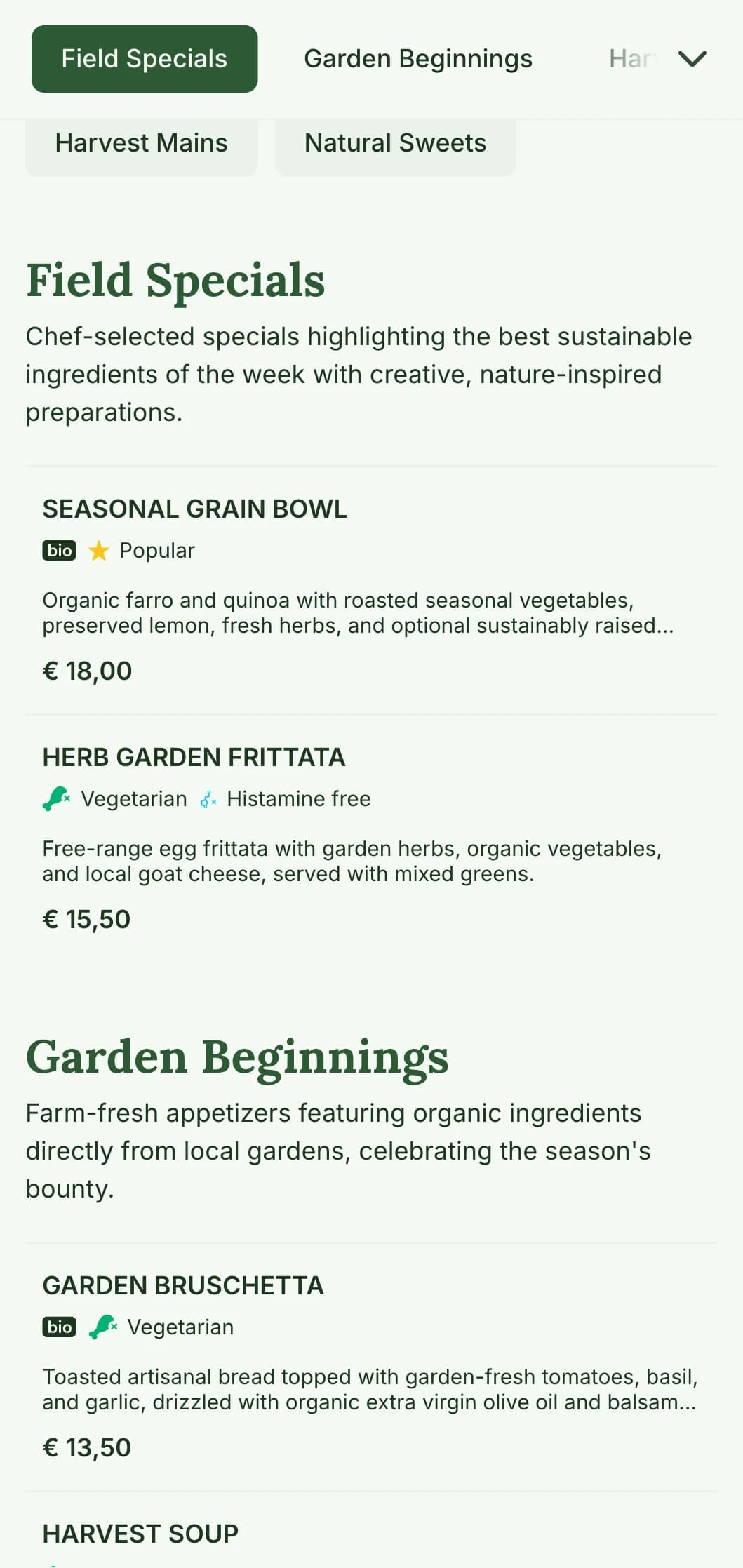 Fresh, nature-inspired lunch menu design highlighting seasonal ingredients and farm-to-table offerings, ideal for cafés and restaurants with a focus on healthy, organic midday meals.