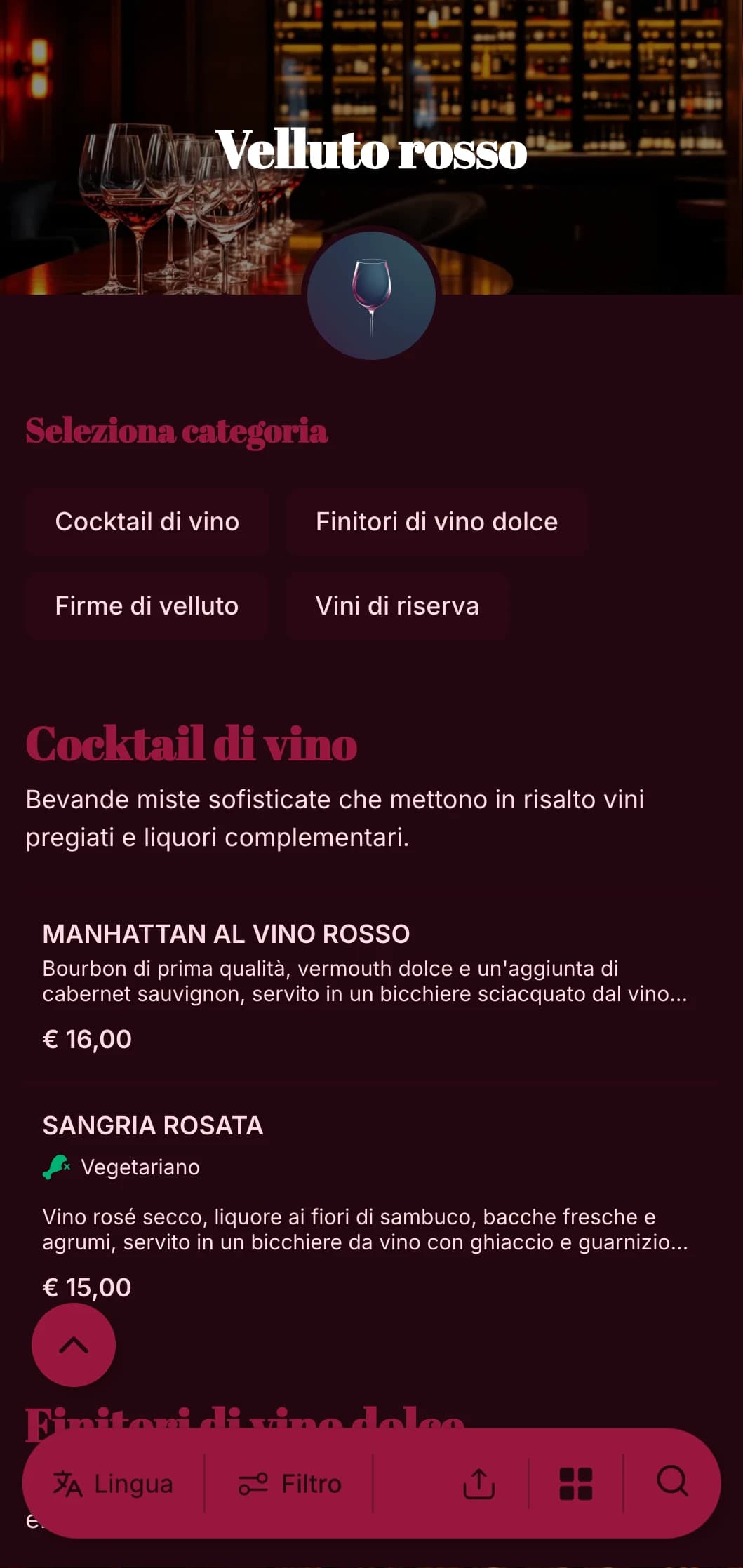 Un design lussuoso e scenografico per enoteche e lounge di alto livello, caratterizzato da ricchi toni rossi e da una tipografia audace.