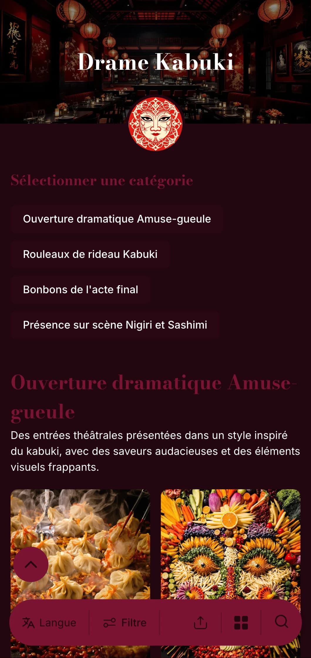 Menu de sushis théâtral inspiré du Kabuki traditionnel, avec des contrastes dramatiques entre le rouge et le noir.