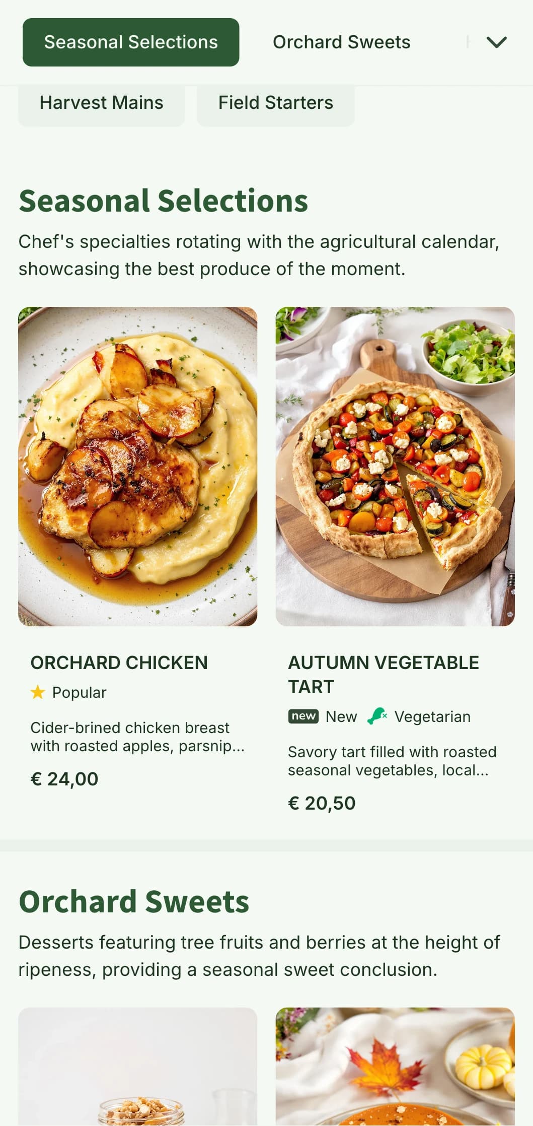 Seasonal, harvest-themed lunch menu design with warm autumn tones and agricultural elements, perfect for farm-to-table restaurants and rural eateries.
