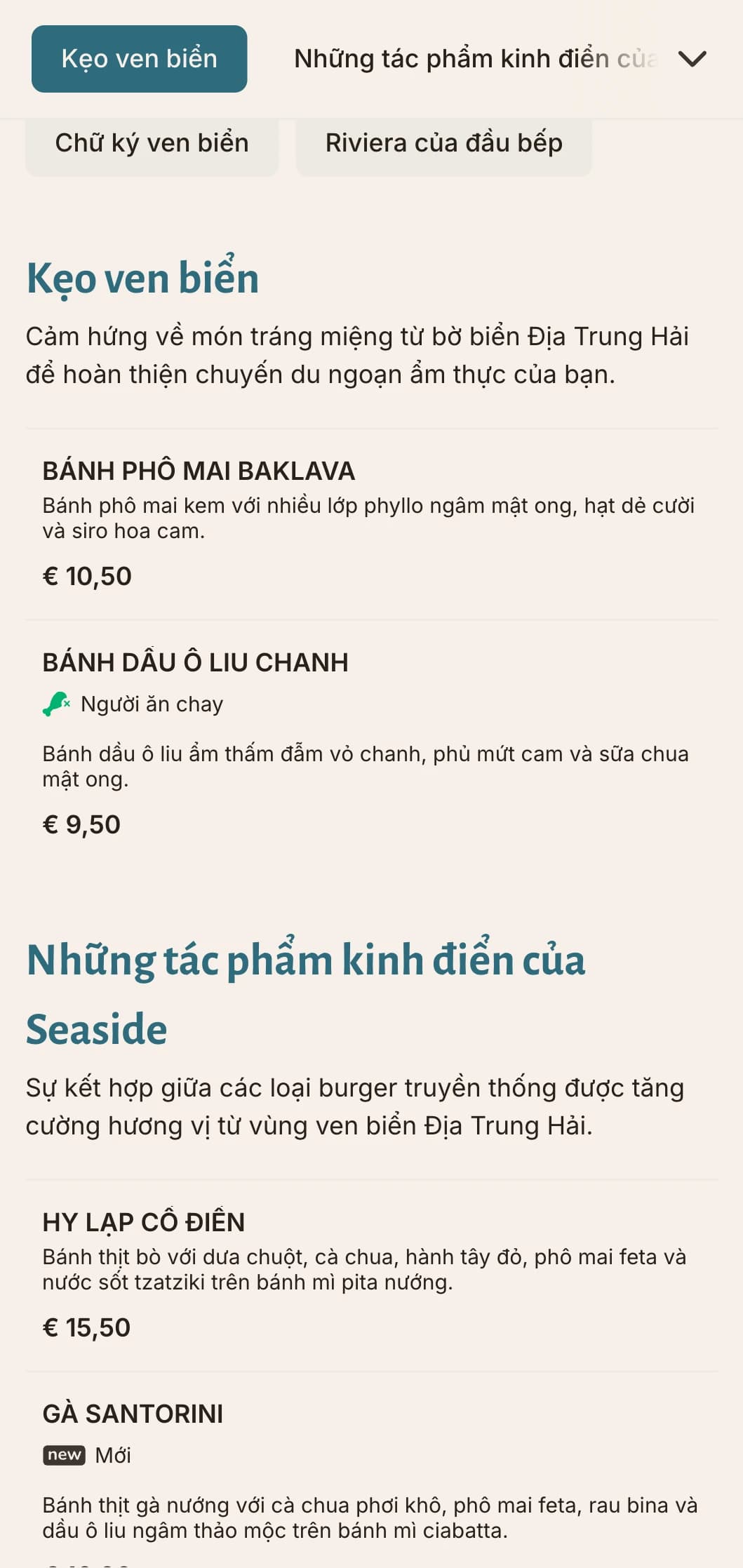Thực đơn burger lấy cảm hứng từ bờ biển với điểm nhấn màu xanh Địa Trung Hải và tập trung vào nguyên liệu tươi ngon.
