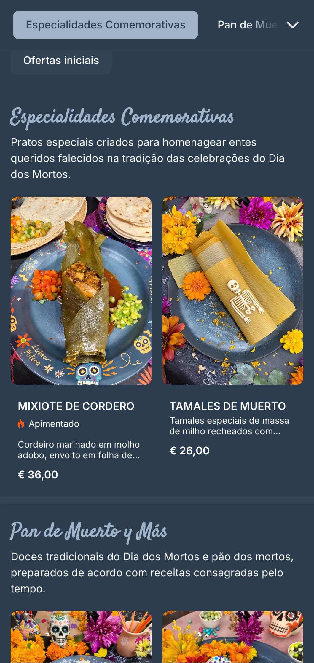 Cardápio temático artístico e comemorativo do Dia dos Mortos, com ricos tons de cinza-azulado, motivos de caveira de açúcar e ofertas sazonais especiais.