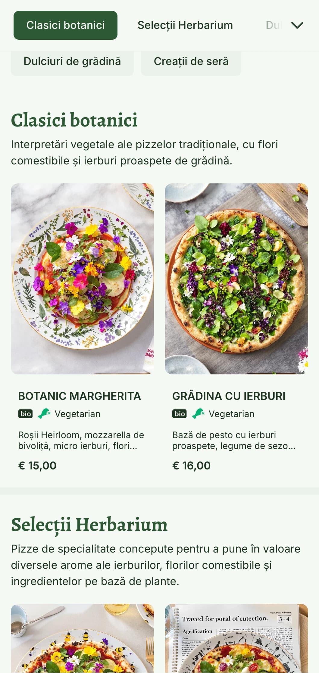 Meniu de pizza pe bază de plante cu ilustrații botanice și elemente de design naturale.