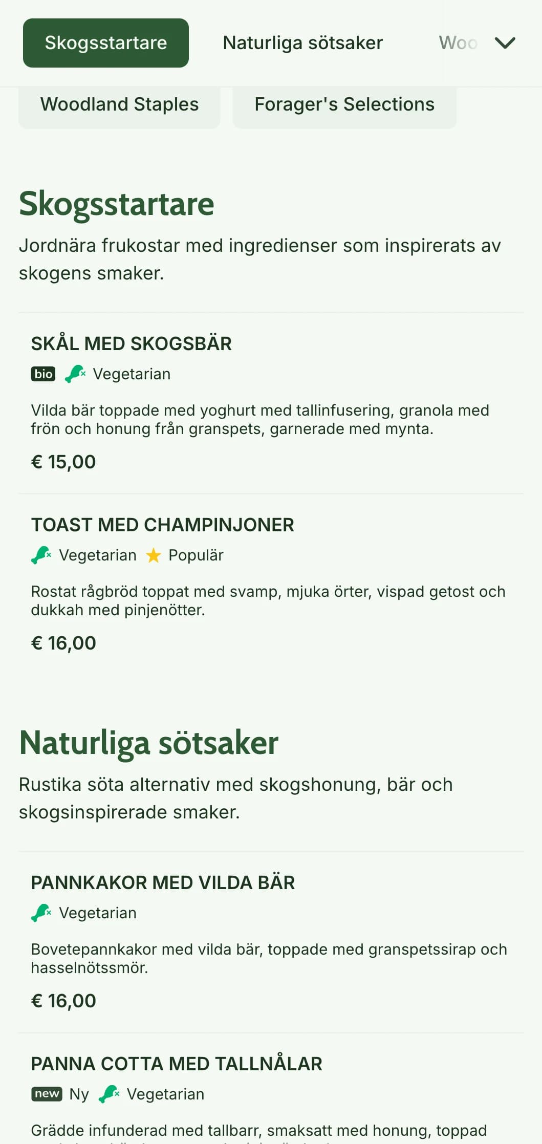 Jordnära frukosträtter inspirerade av ingredienser från skogen och presenterade på ett rustikt sätt.