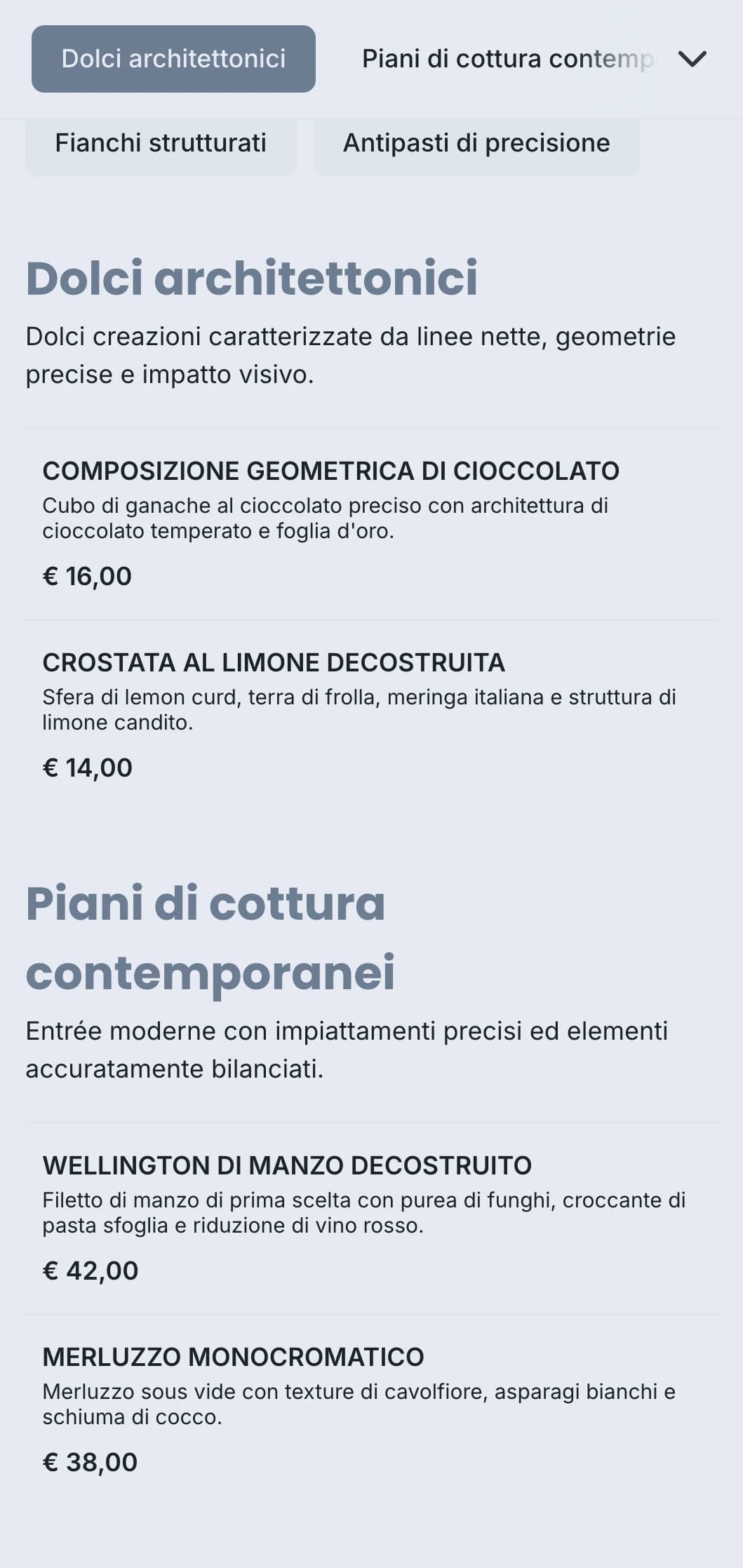 Design del catering pulito e strutturato, con impiattamenti geometrici, porzioni precise e schemi di colori monocromatici per eventi contemporanei.