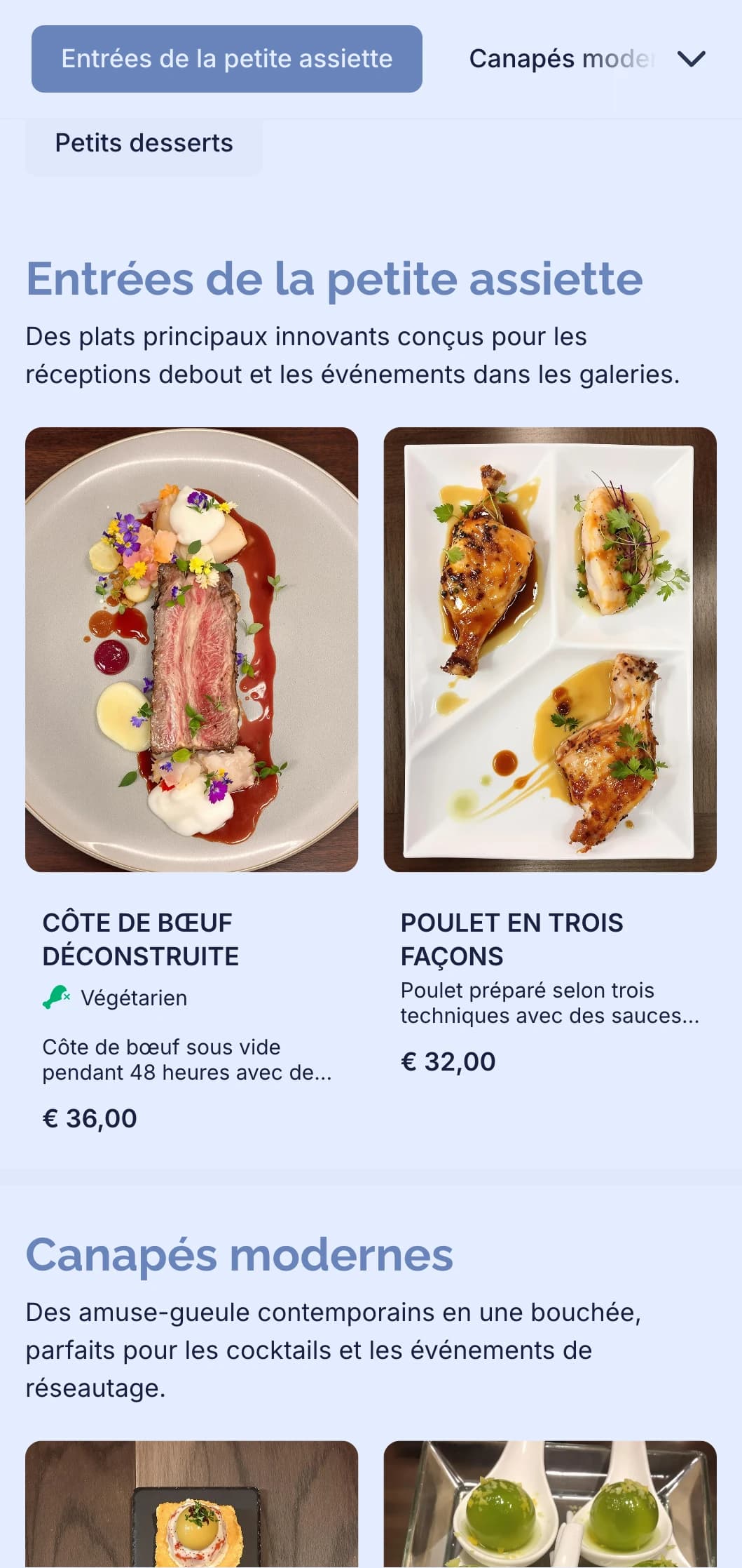 Traiteur moderne et élégant pour les cocktails, proposant des canapés innovants, des petites bouchées et une présentation contemporaine pour les événements de réseautage et les inaugurations de galeries.
