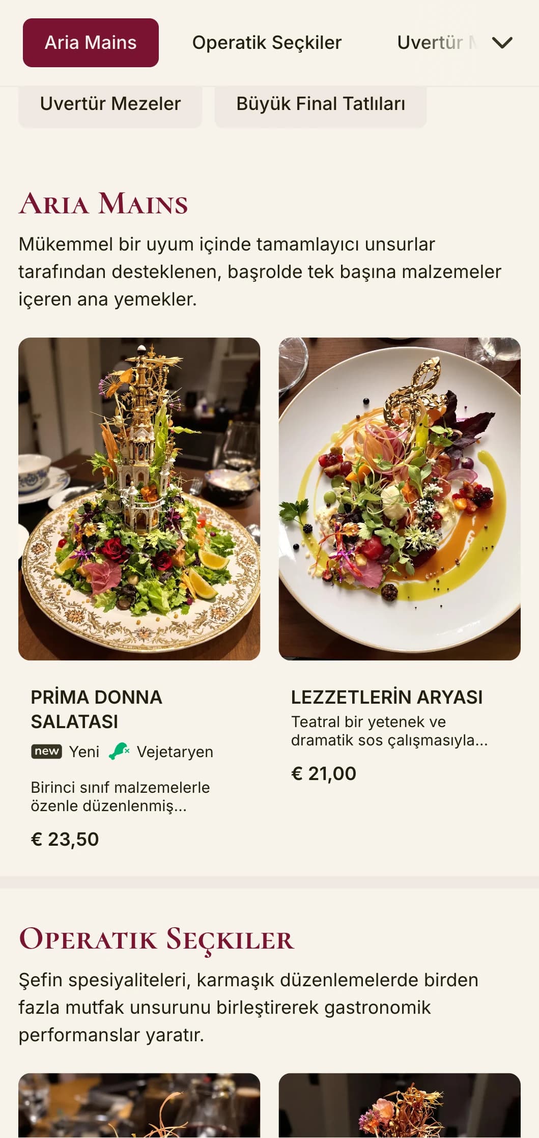 Opera binalarına yakın veya müzik temalı restoranlar için uygun, operatik öğeler ve dramatik düzen içeren, müzikten ilham alan görkemli öğle yemeği menüsü tasarımı.
