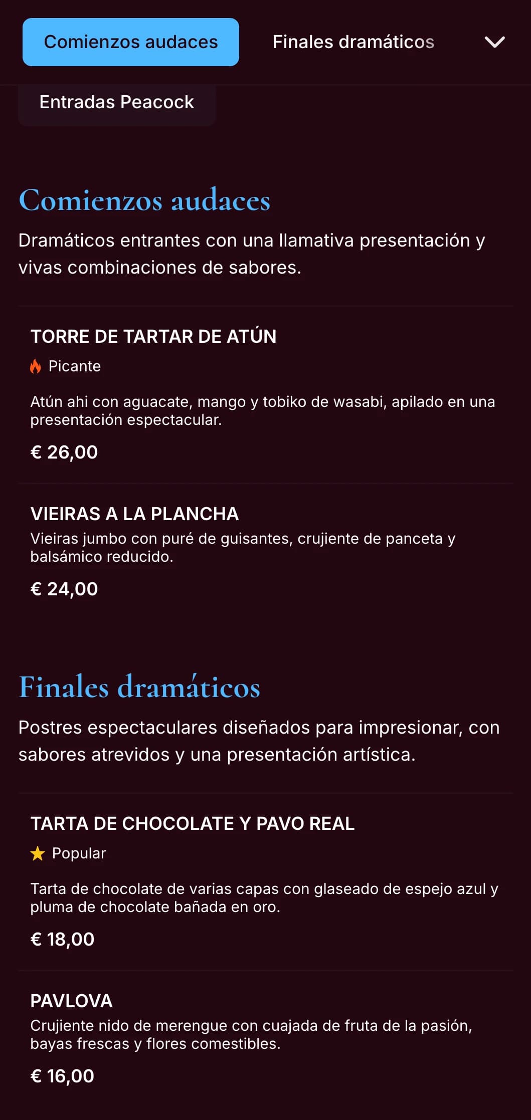 Un llamativo menú de cena en azul pavo real con ricos tonos joya y un estilo espectacular, diseñado para restaurantes de carácter atrevido.