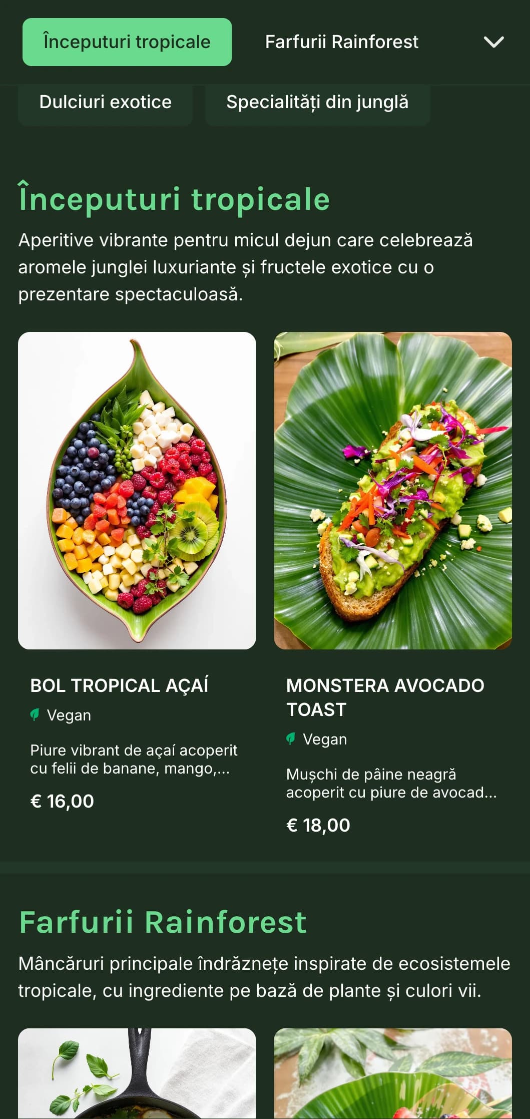 Șablon verde vibrant cu elemente tropicale, perfect pentru cafenele bazate pe plante și oferte de brunch exotice.