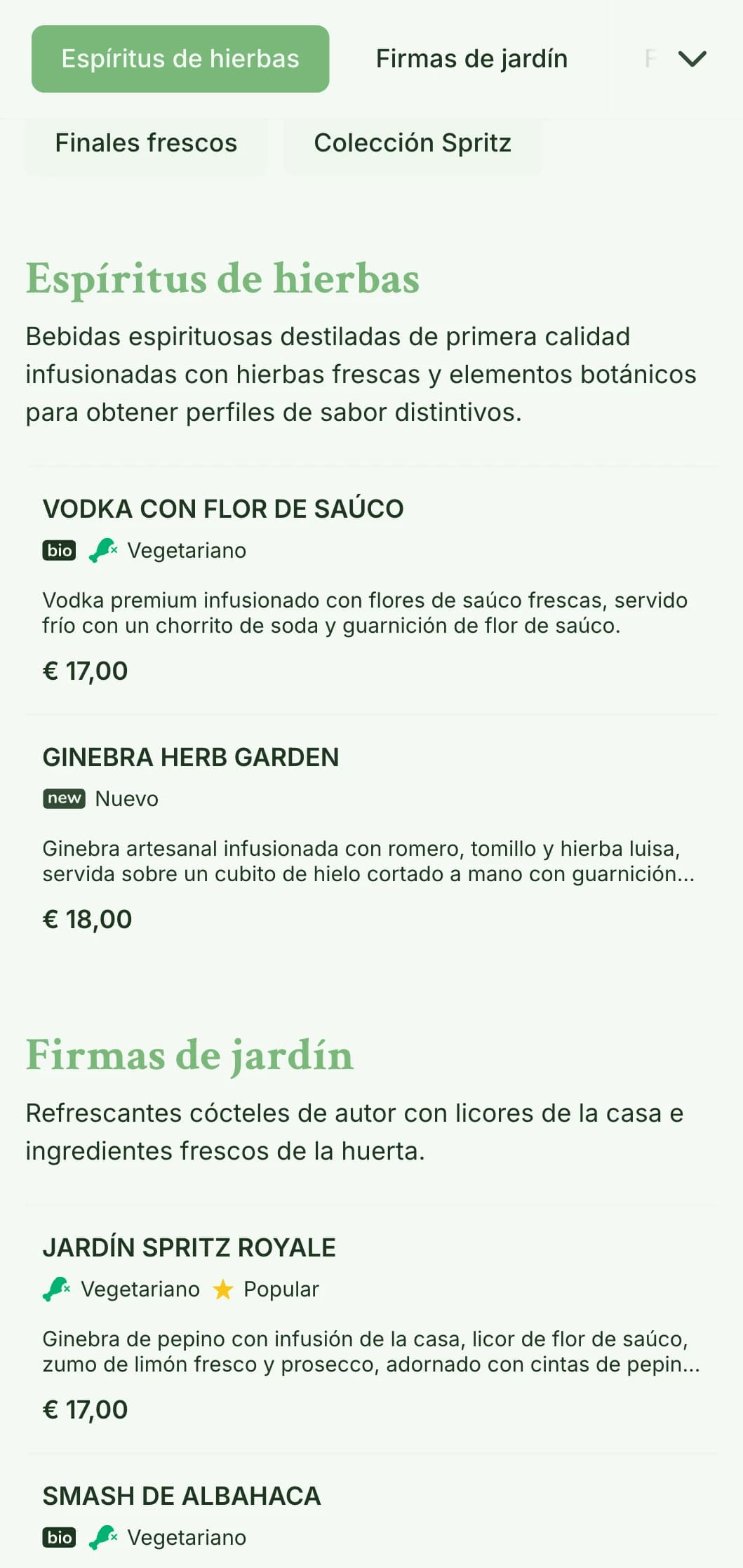 Un diseño fresco, inspirado en los jardines, para bares especializados en spritzers y cócteles botánicos frescos, con una tipografía ligera y aireada.