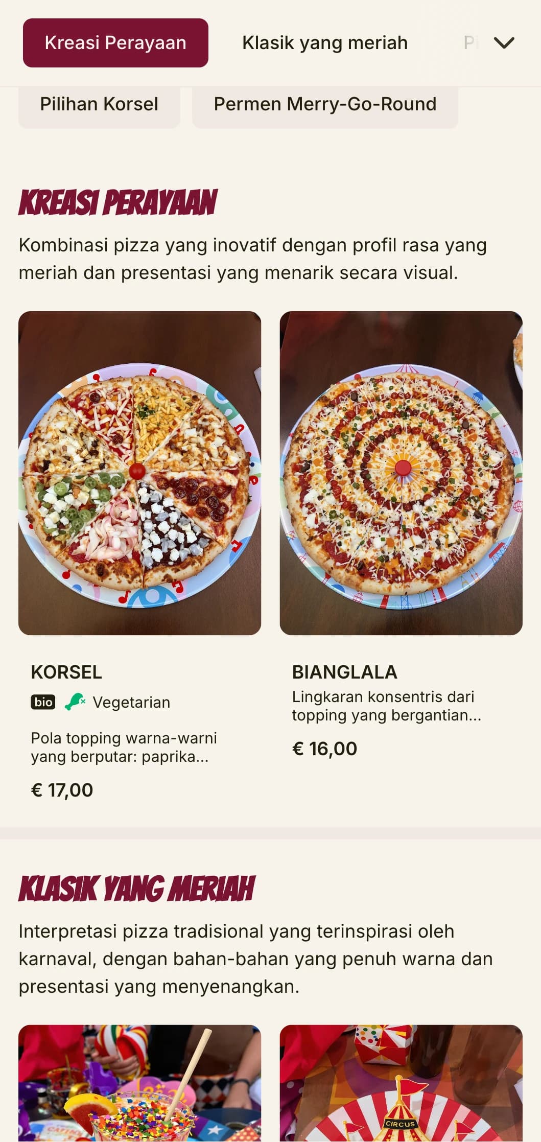 Menu pizza yang meriah dan energik dengan warna-warna cerah dan elemen yang menyenangkan.