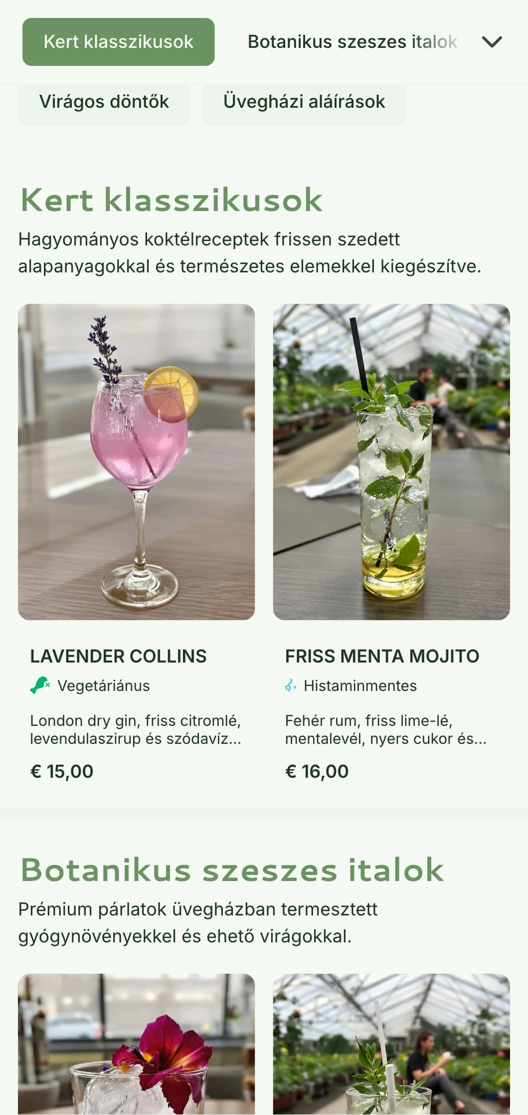 Friss, konzervatóriumi ihletésű design kerti bárok és botanikus társalgók számára, zöld tónusokkal és légies tipográfiával.