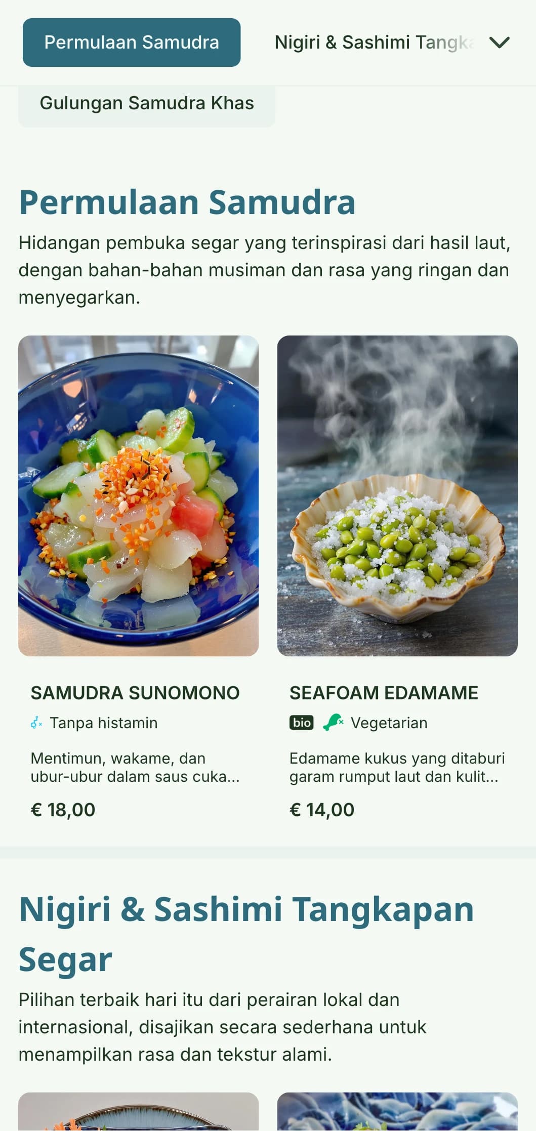 Desain menu sushi yang segar dan cerah terinspirasi dari warna laut, menampilkan palet biru yang menenangkan, ideal untuk restoran yang berfokus pada hidangan laut.