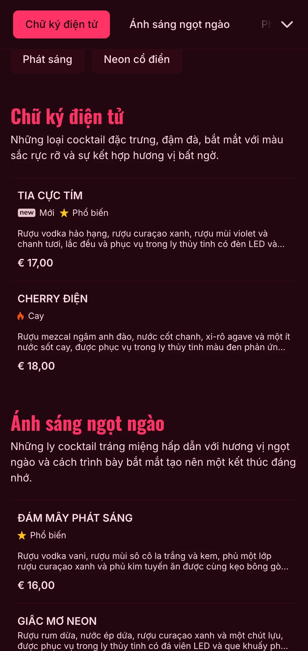 Thiết kế thực đơn táo bạo, sống động lấy cảm hứng từ cuộc sống về đêm rực rỡ ánh đèn neon, hoàn hảo cho các quán bar cocktail và hộp đêm hiện đại.