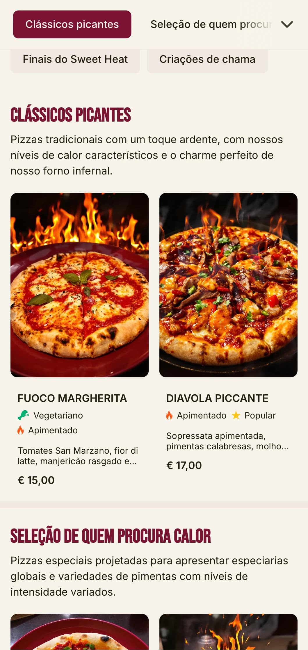 Cardápio de pizza de alta energia com tipografia arrojada e cores vibrantes para especialistas em pizza apimentada.