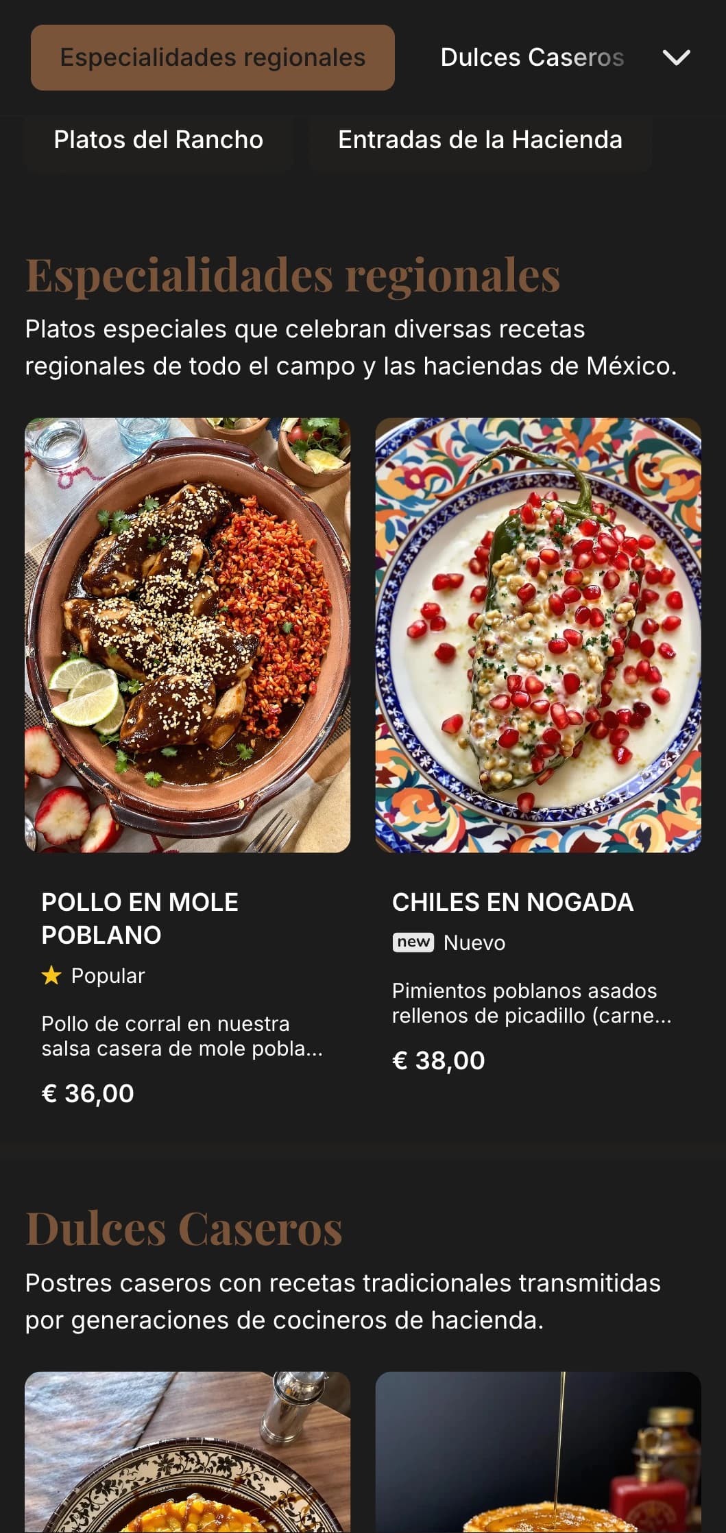 Rústico y cálido menú estilo hacienda mexicana con ricas texturas de madera, recetas tradicionales y comida abundante en un elegante entorno de rancho.