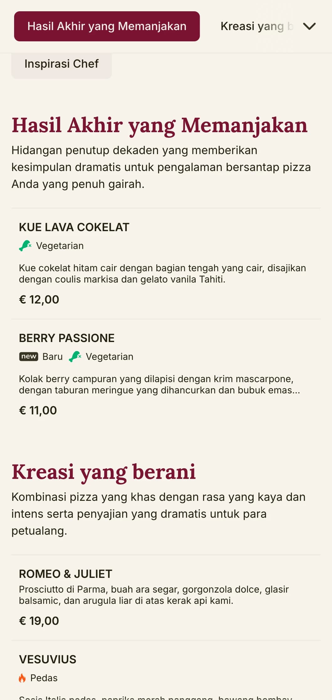 Desain menu pizza yang berani dan penuh semangat dengan warna yang kaya dan elemen teatrikal untuk restoran pizza dengan karakter yang khas.