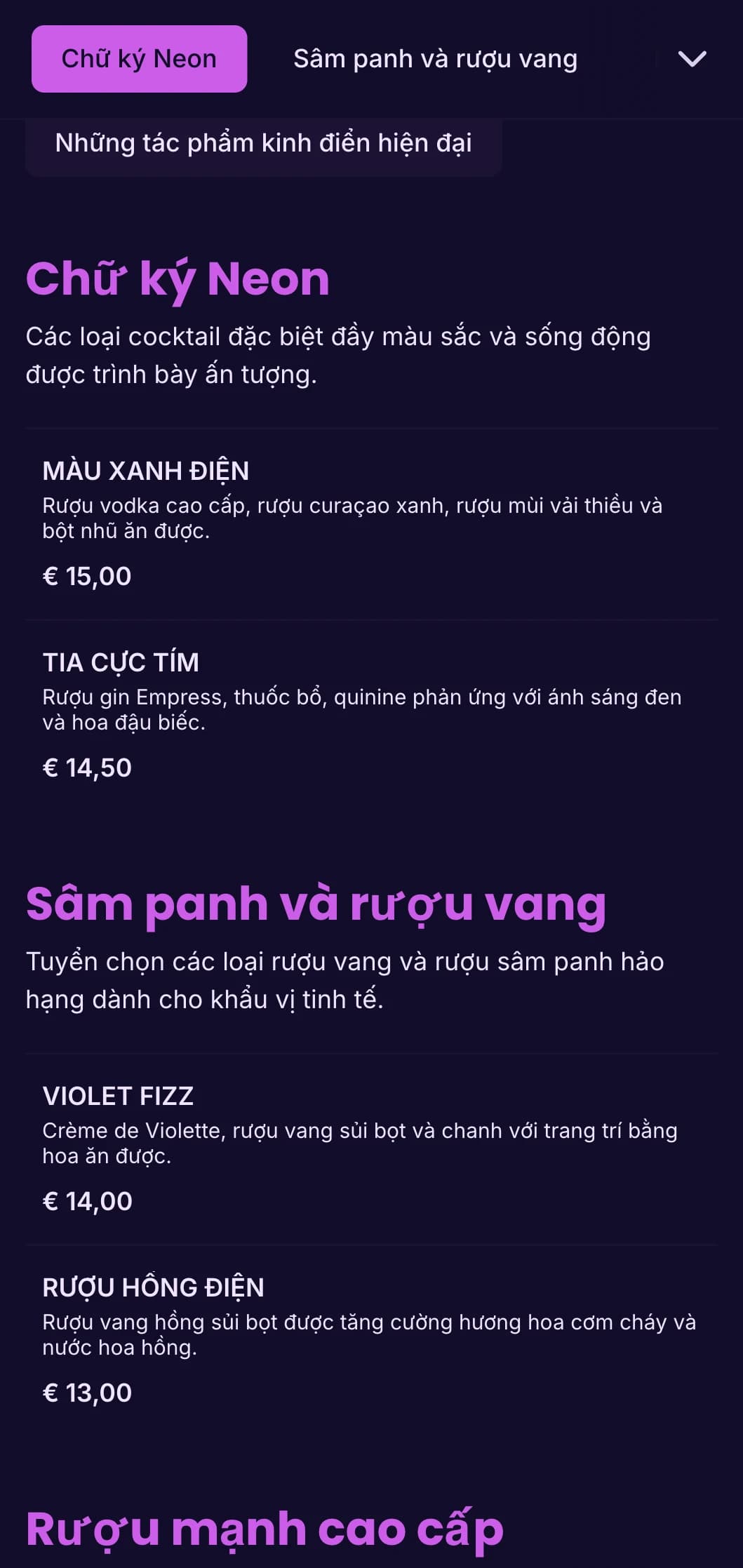 Thiết kế màu tím và tia cực tím rực rỡ dành cho các hộp đêm và quán bar cocktail thời thượng.