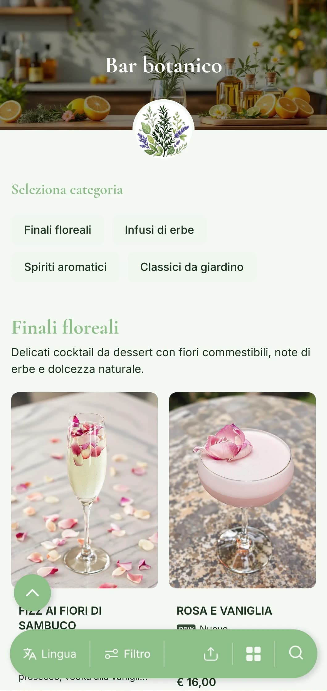 Un menu fresco e ispirato al giardino per bar specializzati in cocktail alle erbe e botanici.