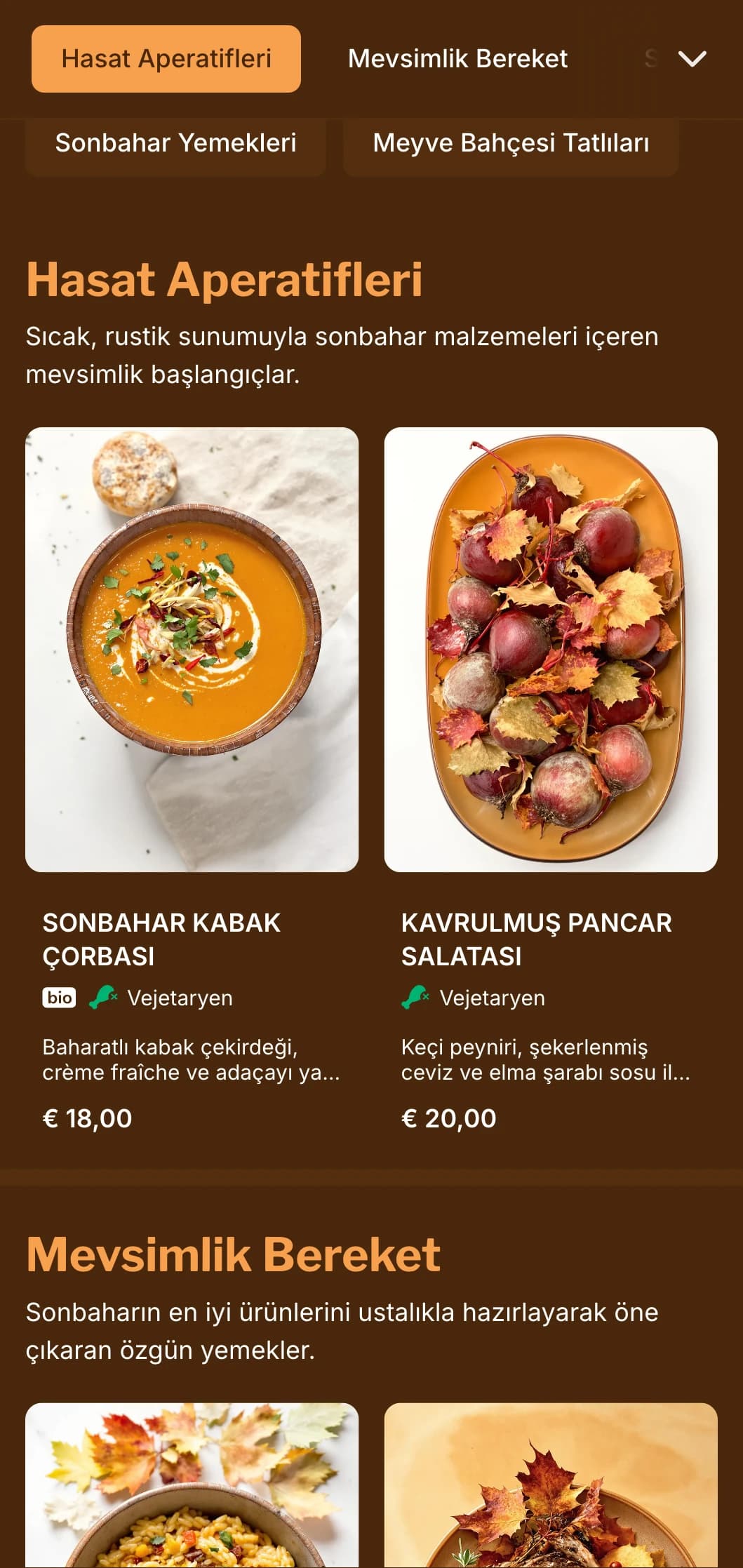 Mevsimsel mutfaklar ve hasat odaklı restoranlar için ideal olan zengin kehribar tonlarına sahip, sonbahardan ilham alan sıcak bir akşam yemeği menüsü.