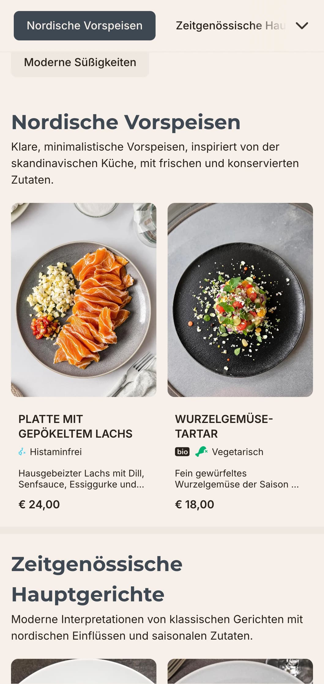 Ein klares, minimalistisches Design für eine Speisekarte mit skandinavischen Einflüssen, mit viel weißem Raum und geometrischen Elementen, ideal für moderne Restaurants.