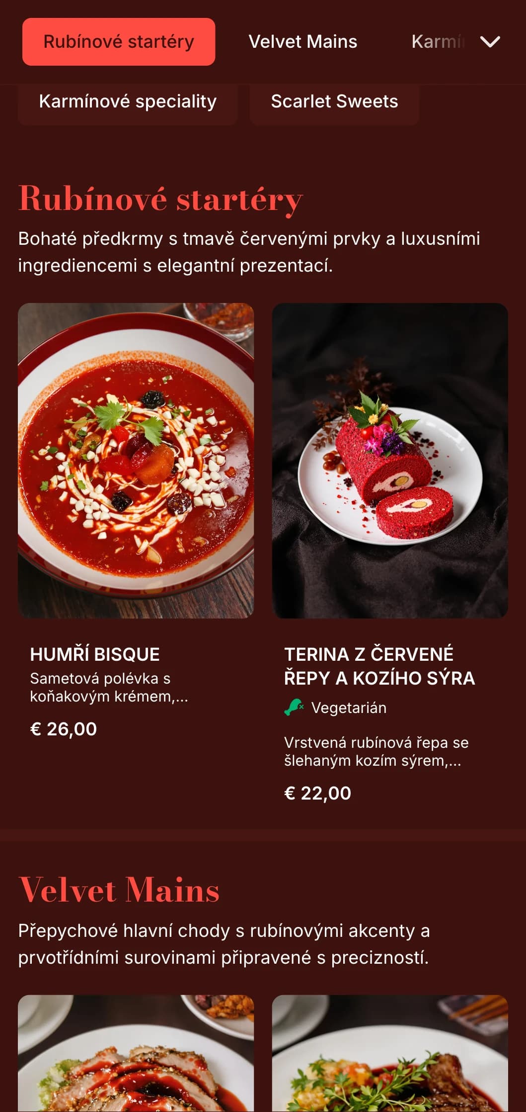 Sytě rubínově červené menu s plyšovými texturami a dramatickými prvky, určené pro romantické restaurace.