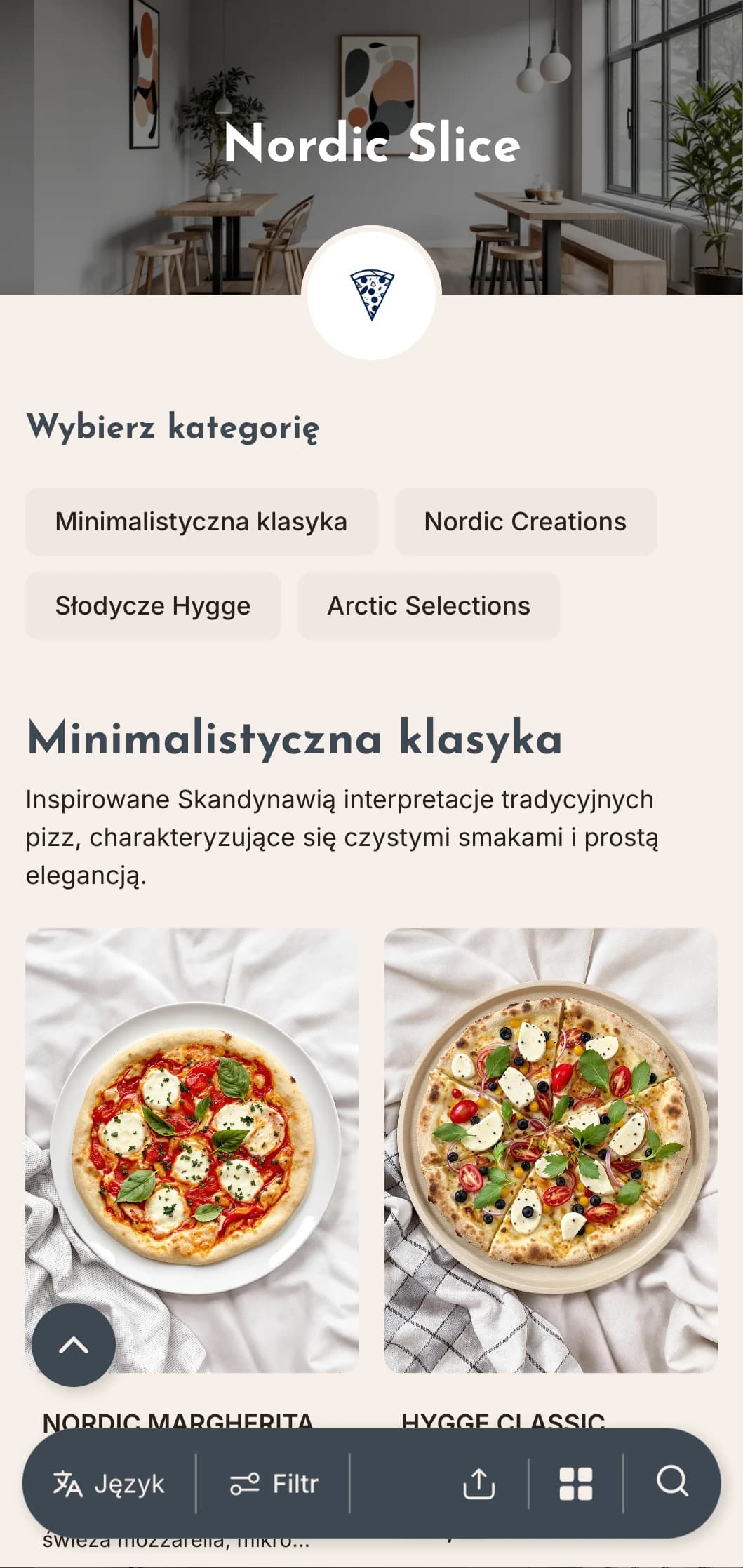 Inspirowane Skandynawią menu pizzy o czystym, minimalistycznym designie i funkcjonalnej estetyce.
