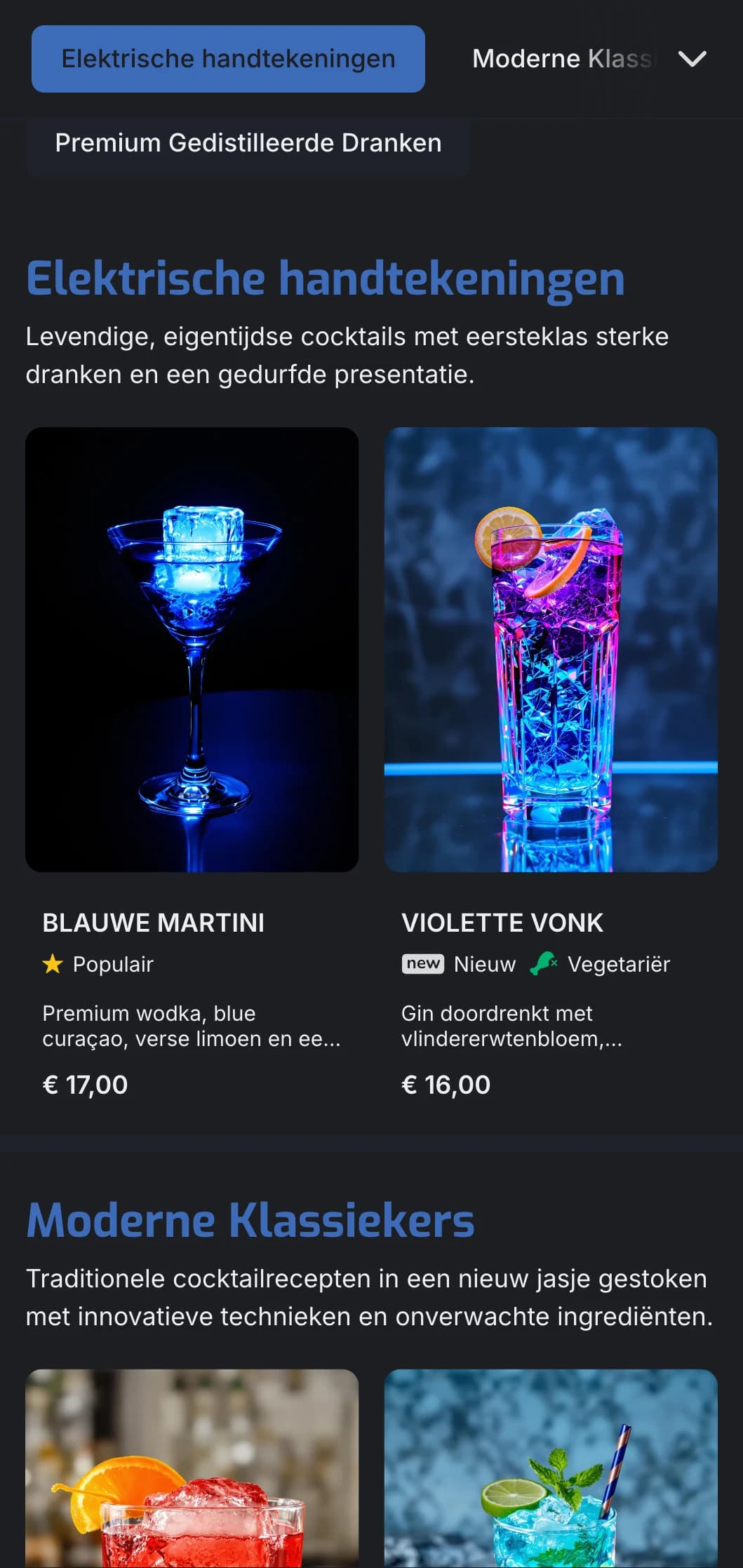 Een levendig, eigentijds ontwerp voor moderne cocktailbars en lounges met elektrisch blauwe accenten en strakke typografie.