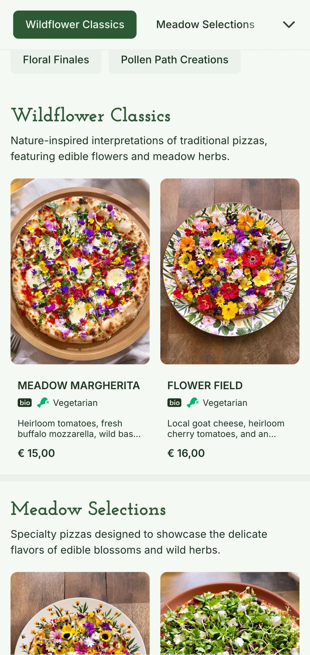 Wildflower-inspired pizza menu emphasizing local, foraged ingredients and natural presentation.