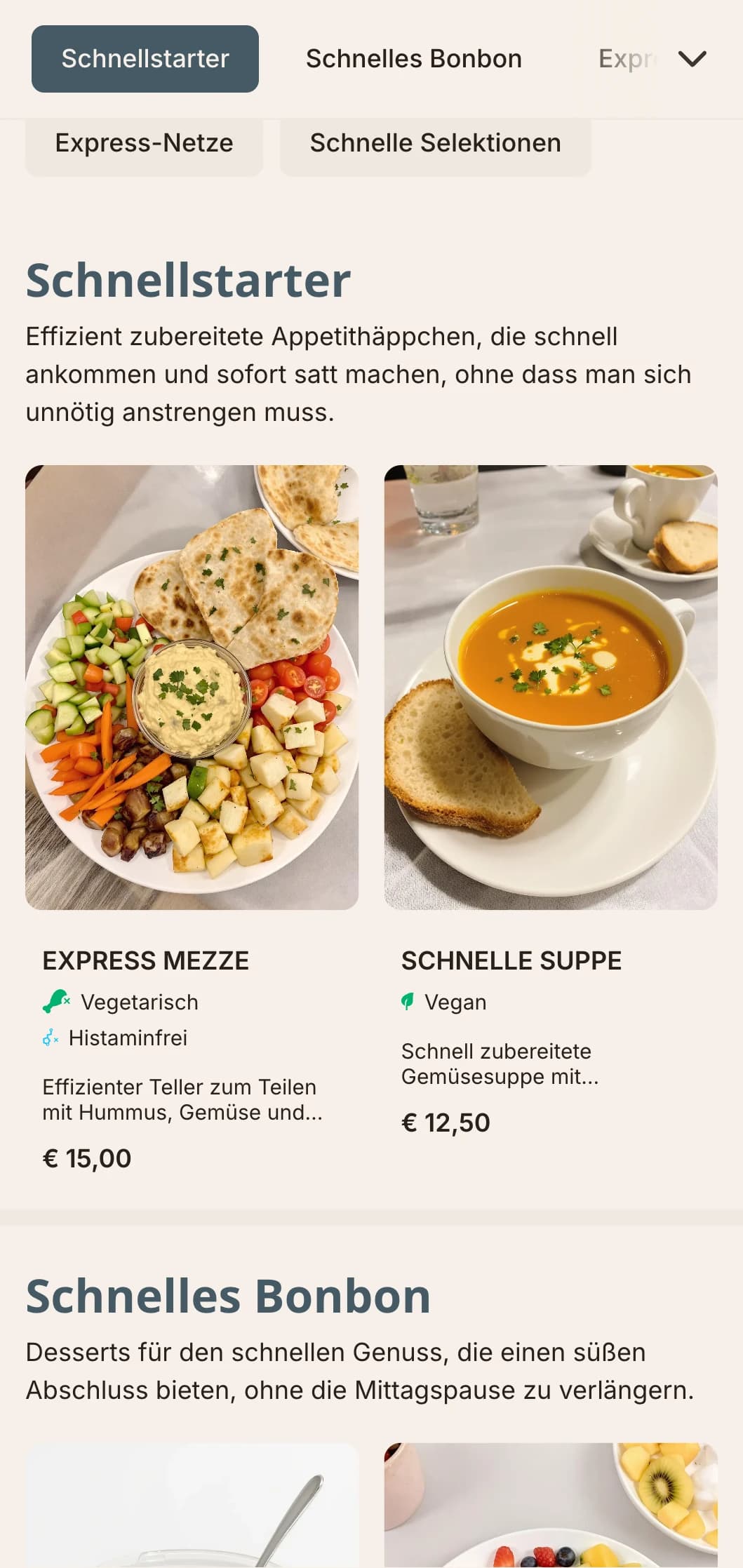 Effizientes, unkompliziertes Design für Mittagsmenüs mit Schwerpunkt auf Klarheit und schnellen Entscheidungen, ideal für stark frequentierte Mittagslokale und Schnellrestaurants.
