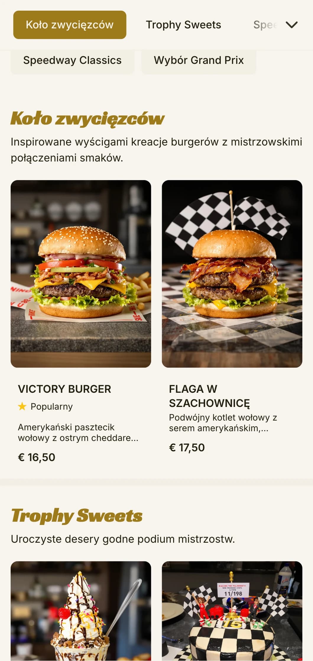 Inspirowana wyścigami burgerownia z elementami sportów motorowych i atmosferą toru zwycięstwa.