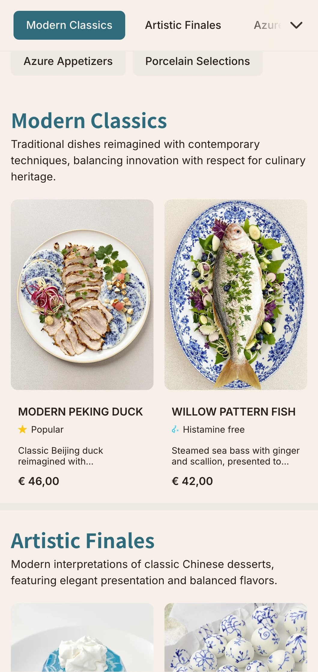 Contemporary Chinese menu design inspired by blue and white porcelain, with clean lines and modern interpretations of traditional patterns.