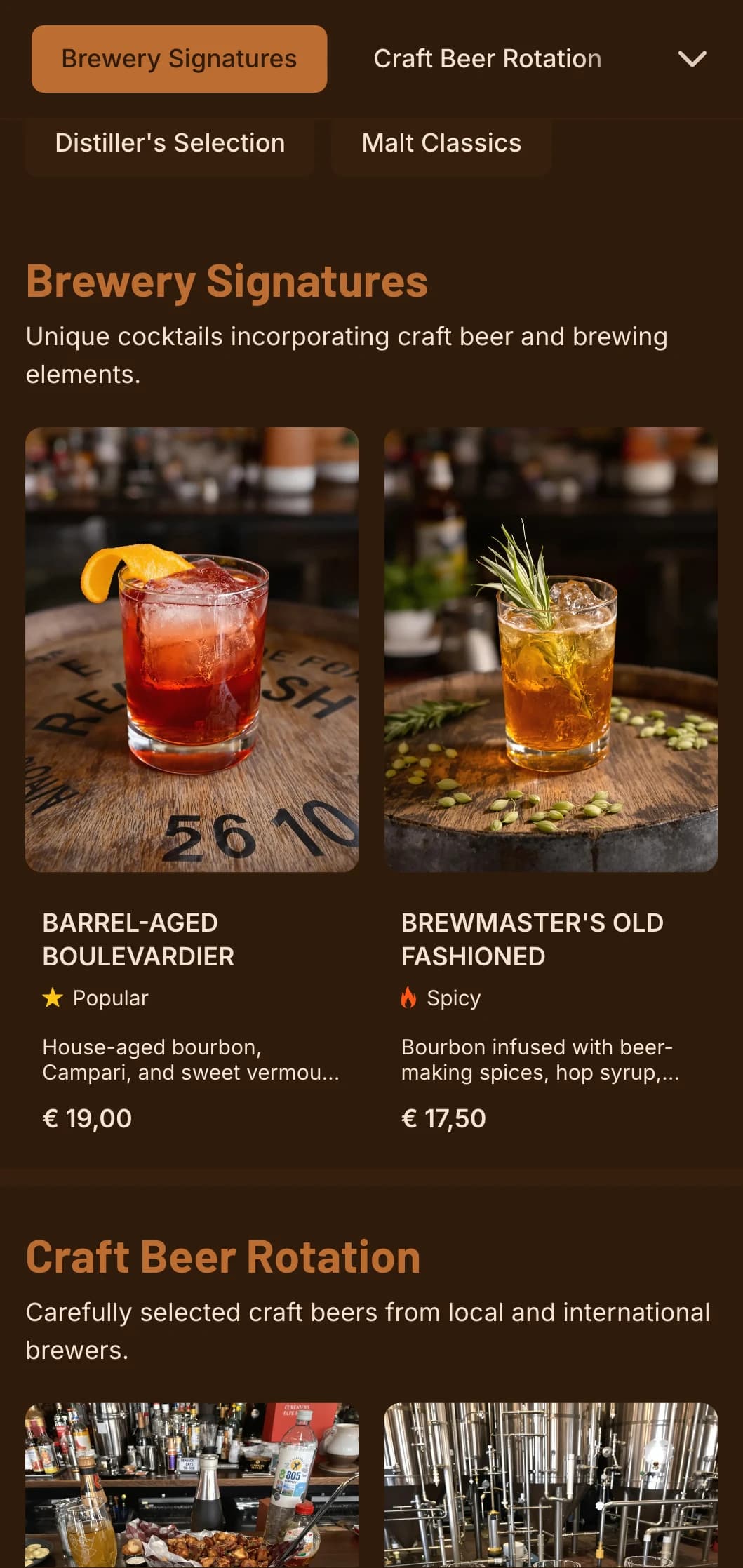 Warm orange design with brewing elements for craft beer and cocktail venues.