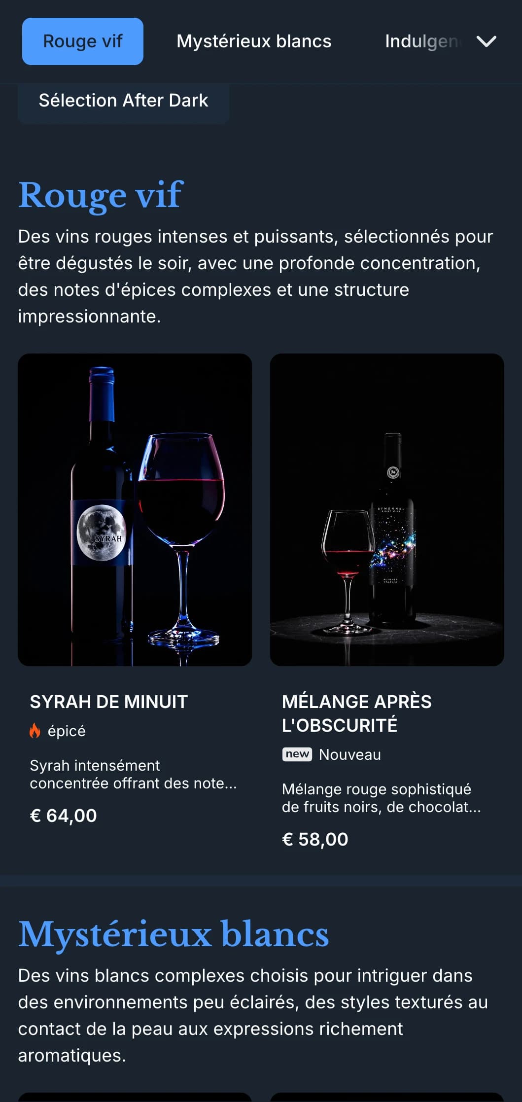 Modèle de carte des vins à l'atmosphère profonde, avec des accents bleus électriques sur fond de minuit, idéal pour les lieux de soirée et les expériences exclusives en matière de vin.