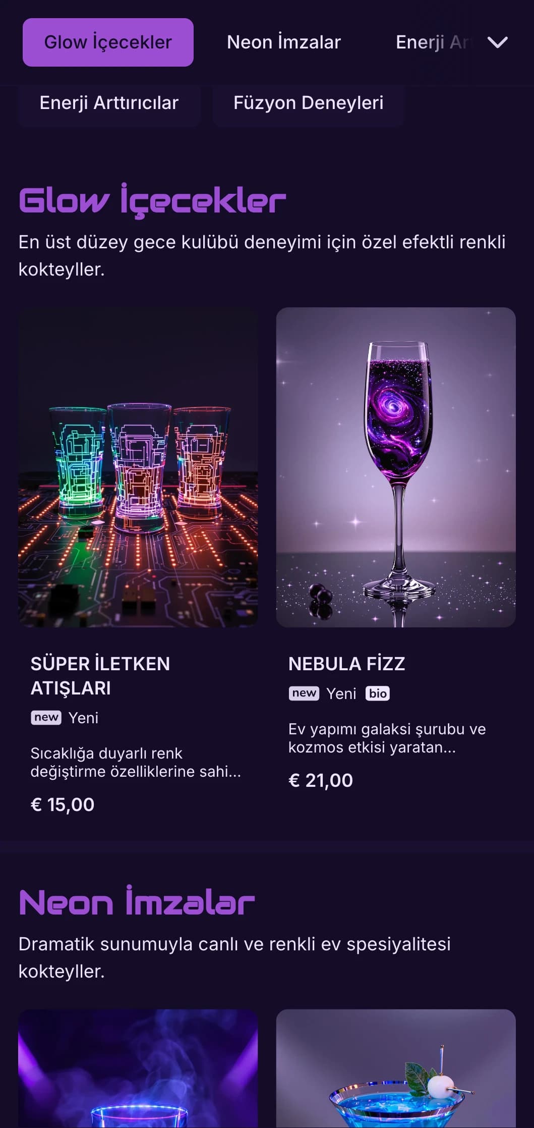 Çağdaş kokteyl barlar için neon öğeler içeren yüksek kontrastlı mor ve siyah tasarım.