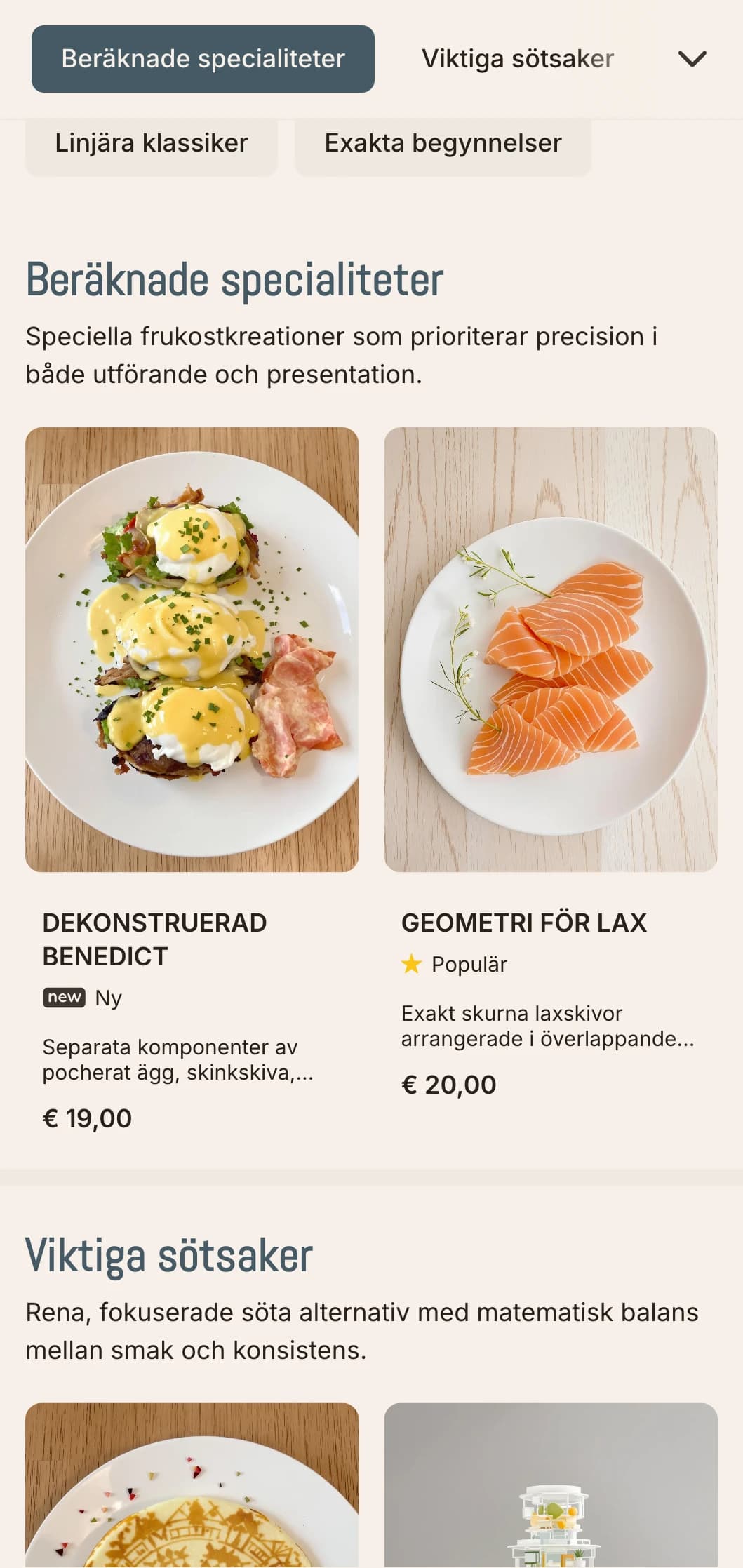 Rena, exakt arrangerade frukostalternativ med minimalistisk presentation och noggrant balanserade smaker.