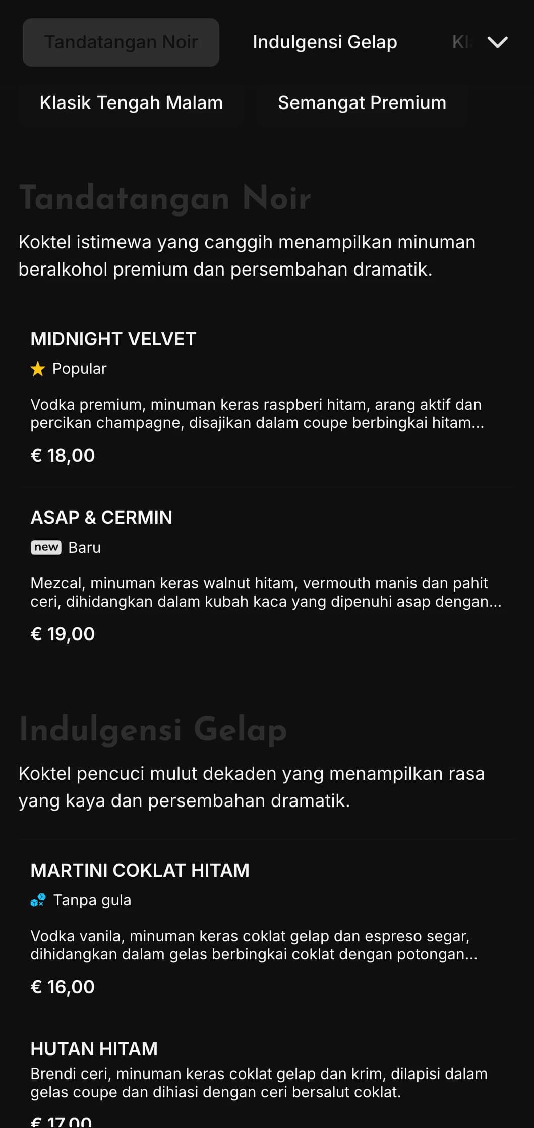 Reka bentuk anggun dan gelap untuk lounge koktel kontemporari dan kelab malam yang menampilkan elemen kontras tinggi dan tipografi yang berani.