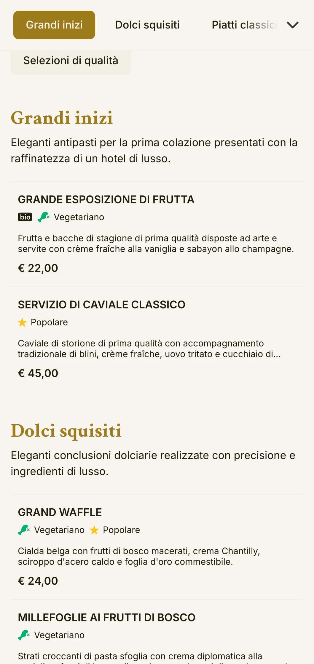 Una raffinata cena mattutina con ingredienti di prima qualità e una presentazione elegante nella tradizione del Grand Hotel.