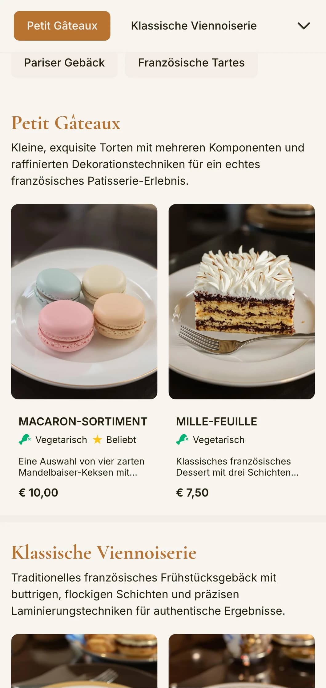 Ein elegantes, französisch inspiriertes Design für die Speisekarte einer Bäckerei mit kupferfarbenen Akzenten und anspruchsvoller Typografie, perfekt für französische Konditoreien und Patisserien.