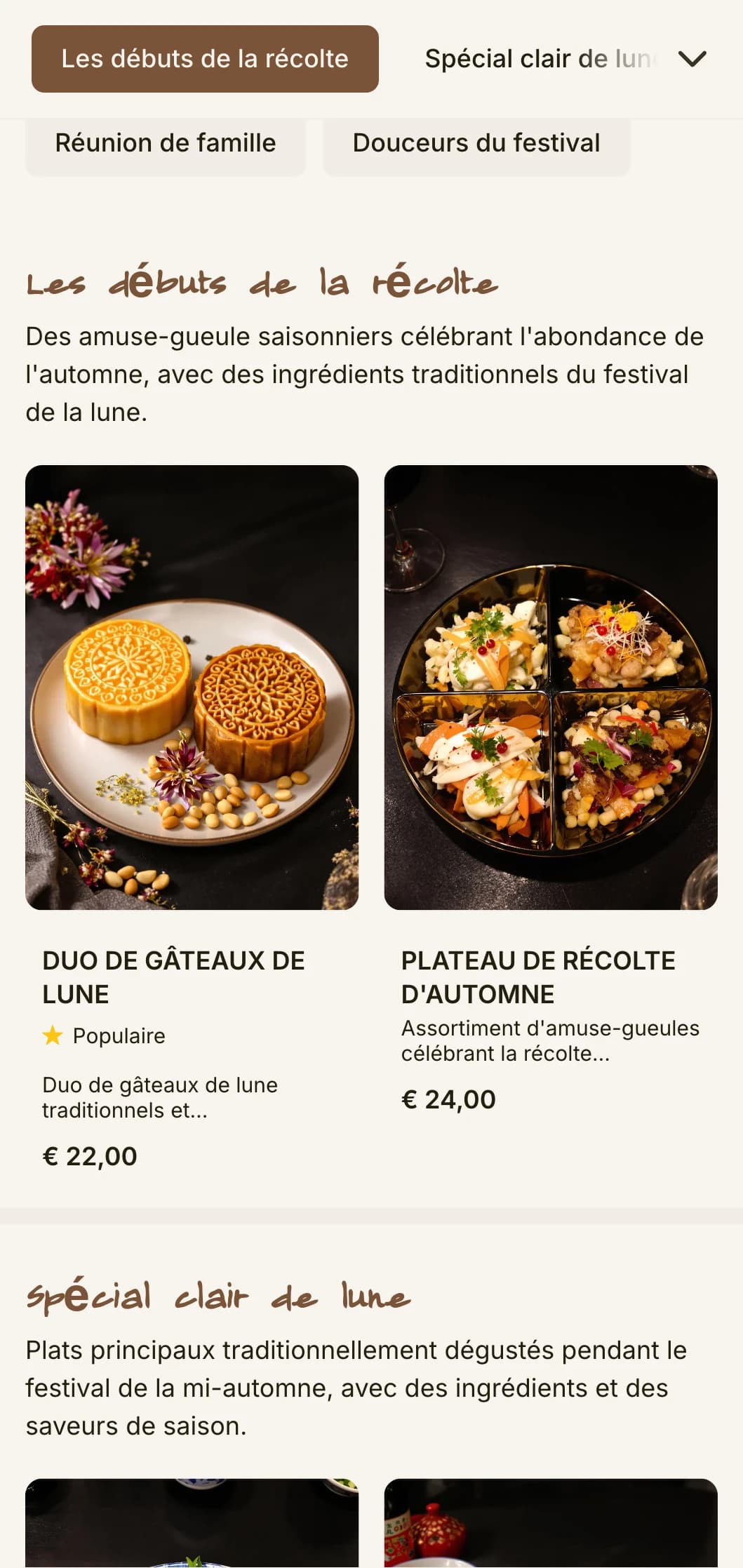 Élégant menu chinois inspiré par la fête de la mi-automne, avec des motifs de gâteaux de lune et des motifs traditionnels pour les spécialités saisonnières.