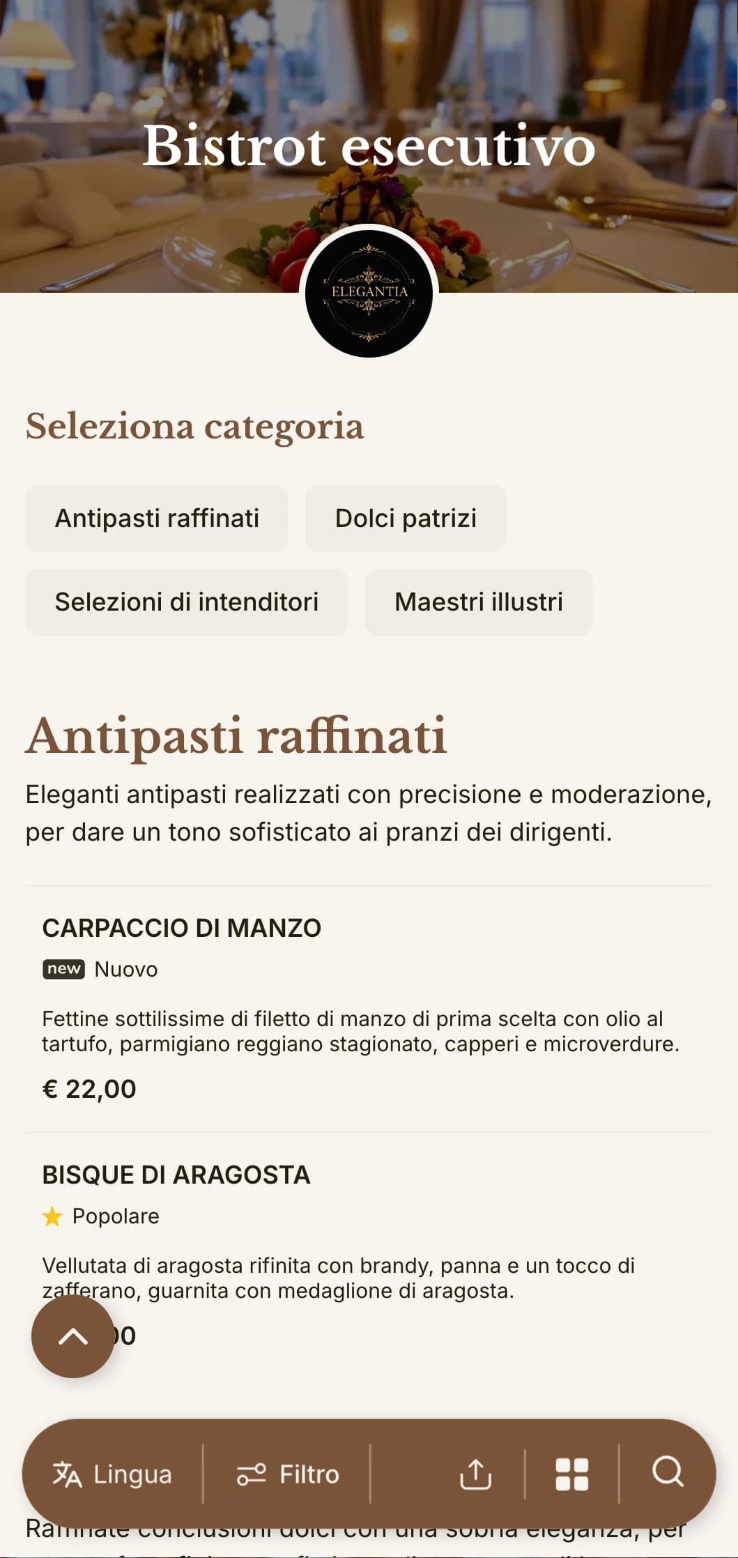 Design sofisticato per il menu del pranzo, con una tipografia raffinata e una spaziatura elegante, pensato per i ristoranti degli hotel di lusso e per le sale da pranzo dei professionisti del settore.